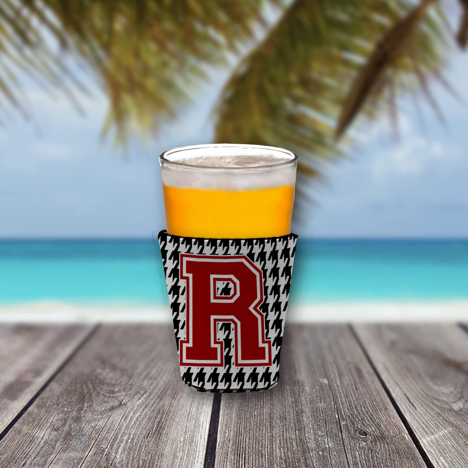 Monogram - Houndstooth  Initial  R Red Solo Cup Beverage Insulator Hugger CJ1021R-RSC