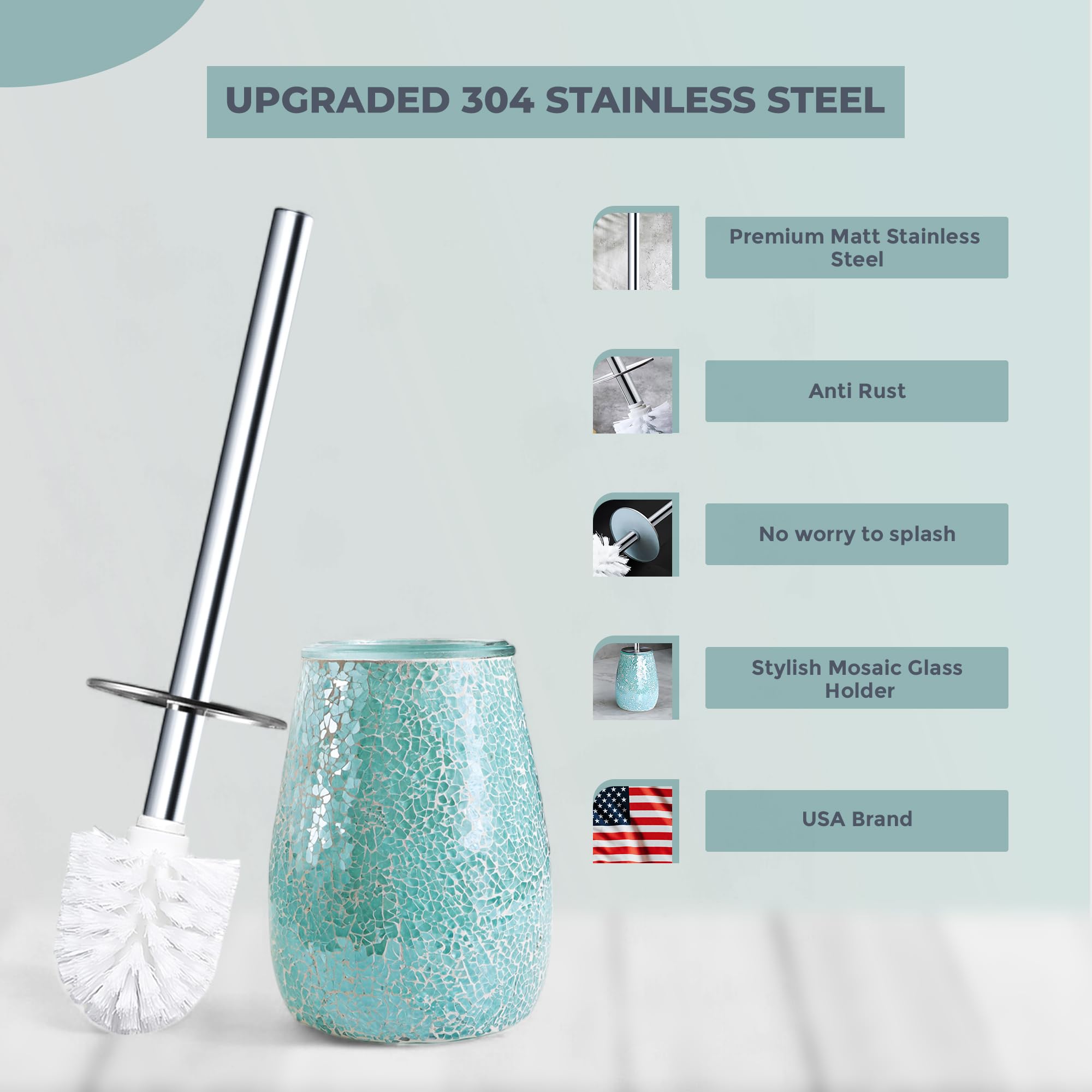 Escenzy Turquoise Green Toilet Brush And Holder Set Mosaic Glass | Non-Rustic Stainless Steel | Practical & Decorative Toilet Bo