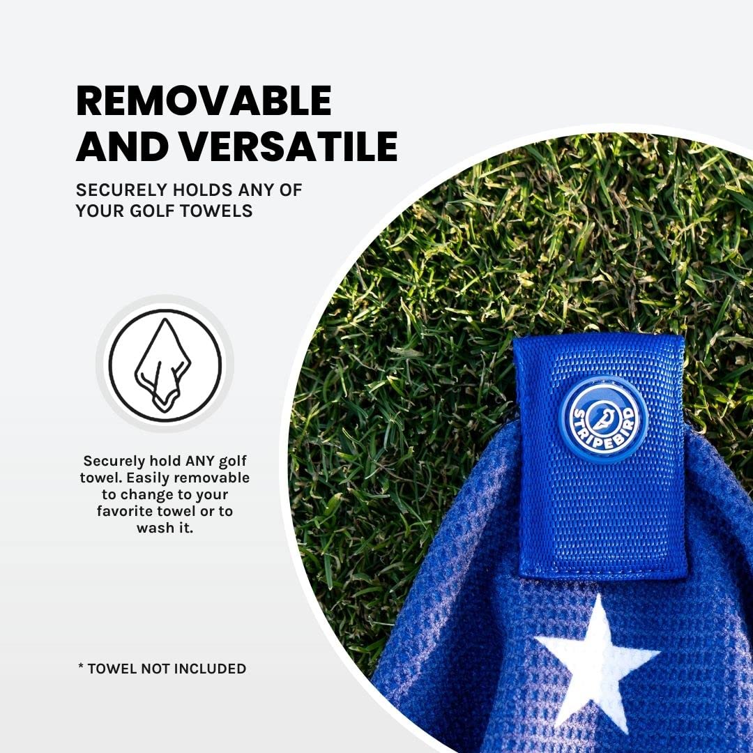 Stripebird - Magnetic Clip for Any Golf Towel (Royal Blue) - Highest Strength Magnet - Easily Access Golf Towel While You Golf - Attaches to Golf Cart  Clubs or Golf Hub - Removable from Towels