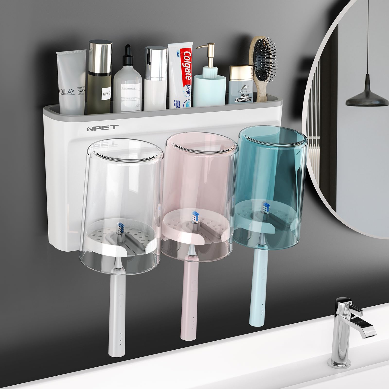 Npet Toothbrush Holder For Bathroom,3 Cups Toothbrush Holder Set Wall Mounted, Ideal Bathroom Accessories Organization
