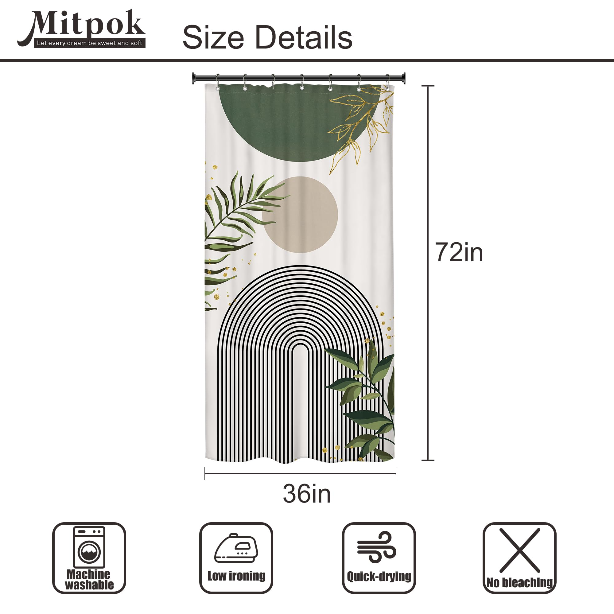 Mitpok Small Stall Rv Shower Curtain 36Wx72H Half Single Sage Green Modern Boho Mid Century Abstract Gold Leave Grey Plant Bathr