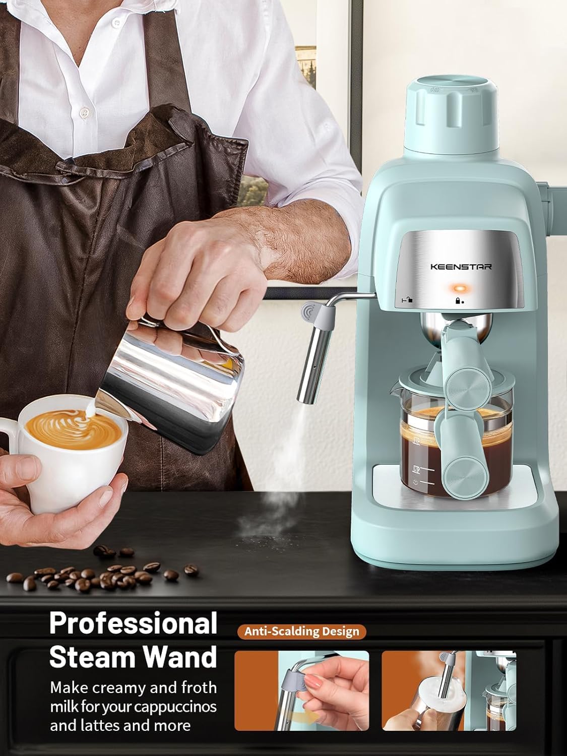 KEENSTAR 3.5Bar Espresso Machine with Milk Frother, 800W Compact Espresso and Cappuccino Machine with Preheating Function, 4 Cup