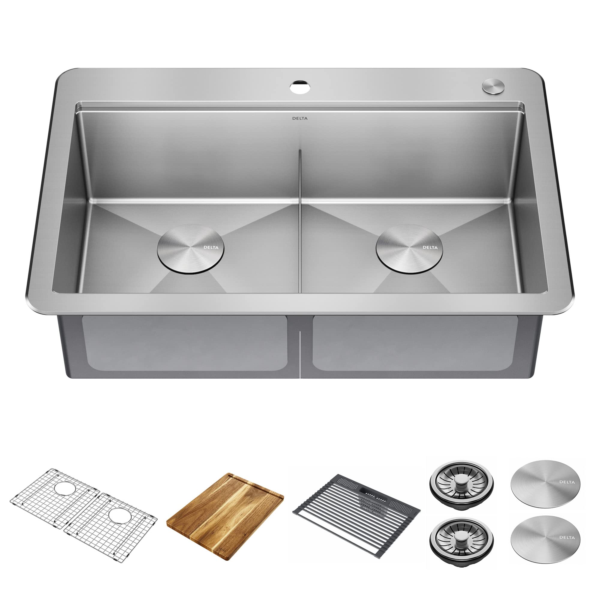 DELTA FAUCET 95A9032-T33D-SS Lorelai Workstation Kitchen Sink Drop-In Top Mount 16 Gauge Stainless Steel Double Bowl with WorkFl