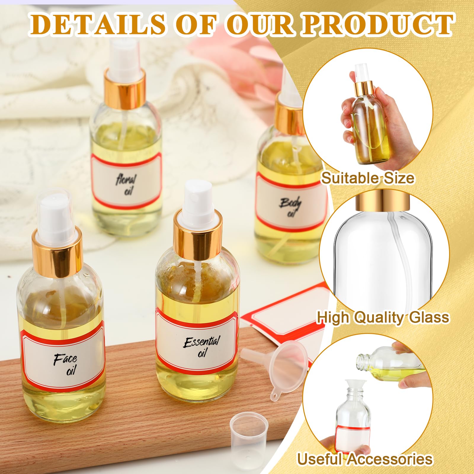 Fumete 36 Pcs Glass Spray Bottles 4Oz Fine Mist Glass Spray Bottle Refillable Liquid Containers With 6 Labels 6 Funnel For Hair