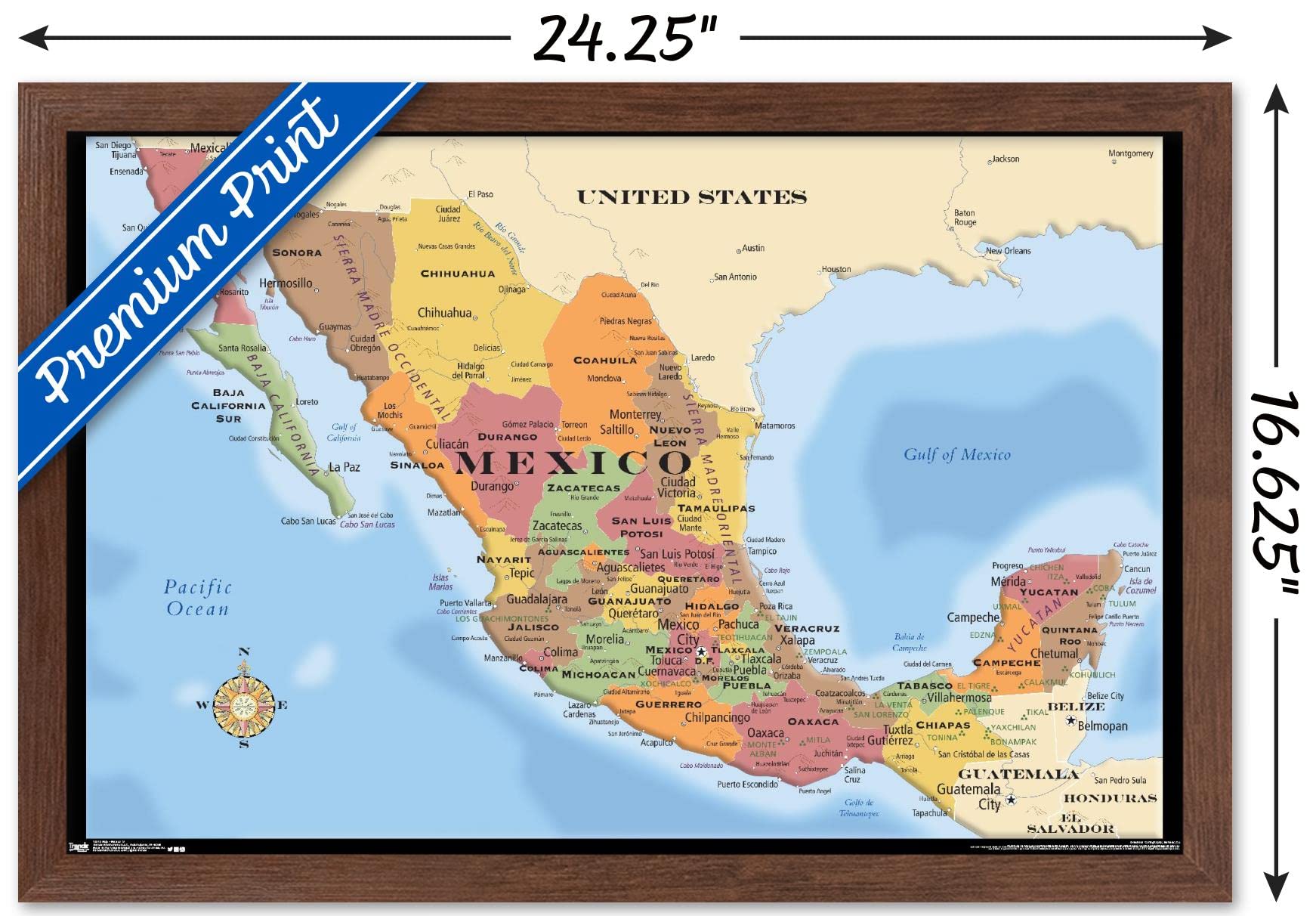 Trends International Map - Mexico Wall Poster, 14.725'' X 22.375'', Mahogany Framed Version