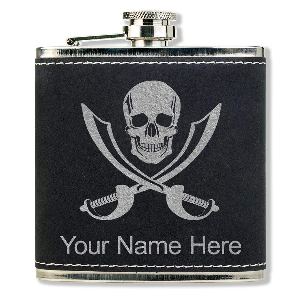 Faux Leather Flask, Jolly Roger, Personalized Engraving Included (Black With Silver)