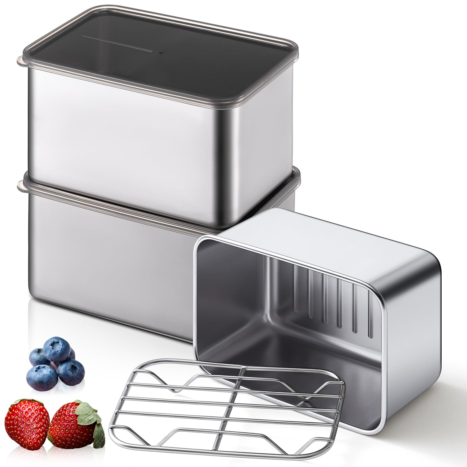 Hushee 3 Set 304 Stainless Steel Containers for Fridge, with Removable Drain Tray, 30 oz Airtight Food Container with Lids for F