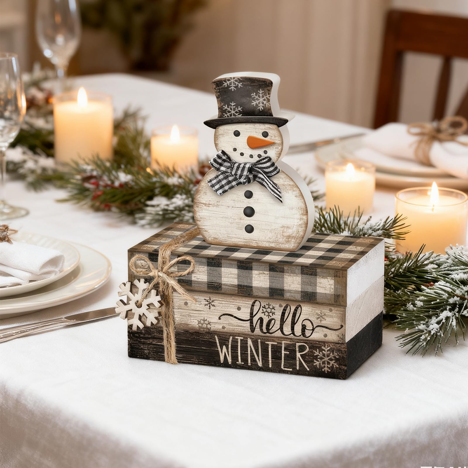 Anglechic 4 Pcs Snowman Christmas Decor Winter Table Decorations Christmas Tiered Tray Decor Winter Centerpiece Indoor Rustic Wo