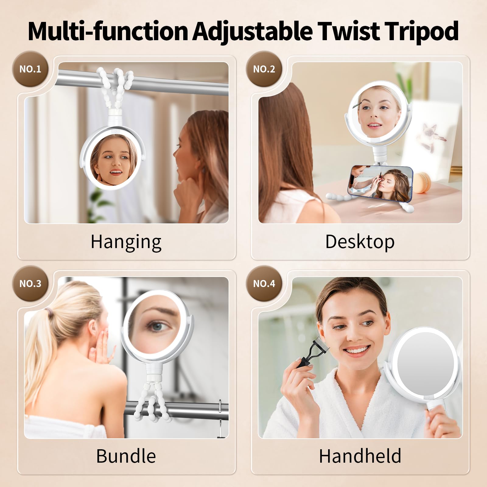 Kintion Lighted Makeup Mirror, 1X/10X Double Sided Led Magnifying Mirror, 3 Color Lights Touch Dimmable Rechargeable Portable Tr
