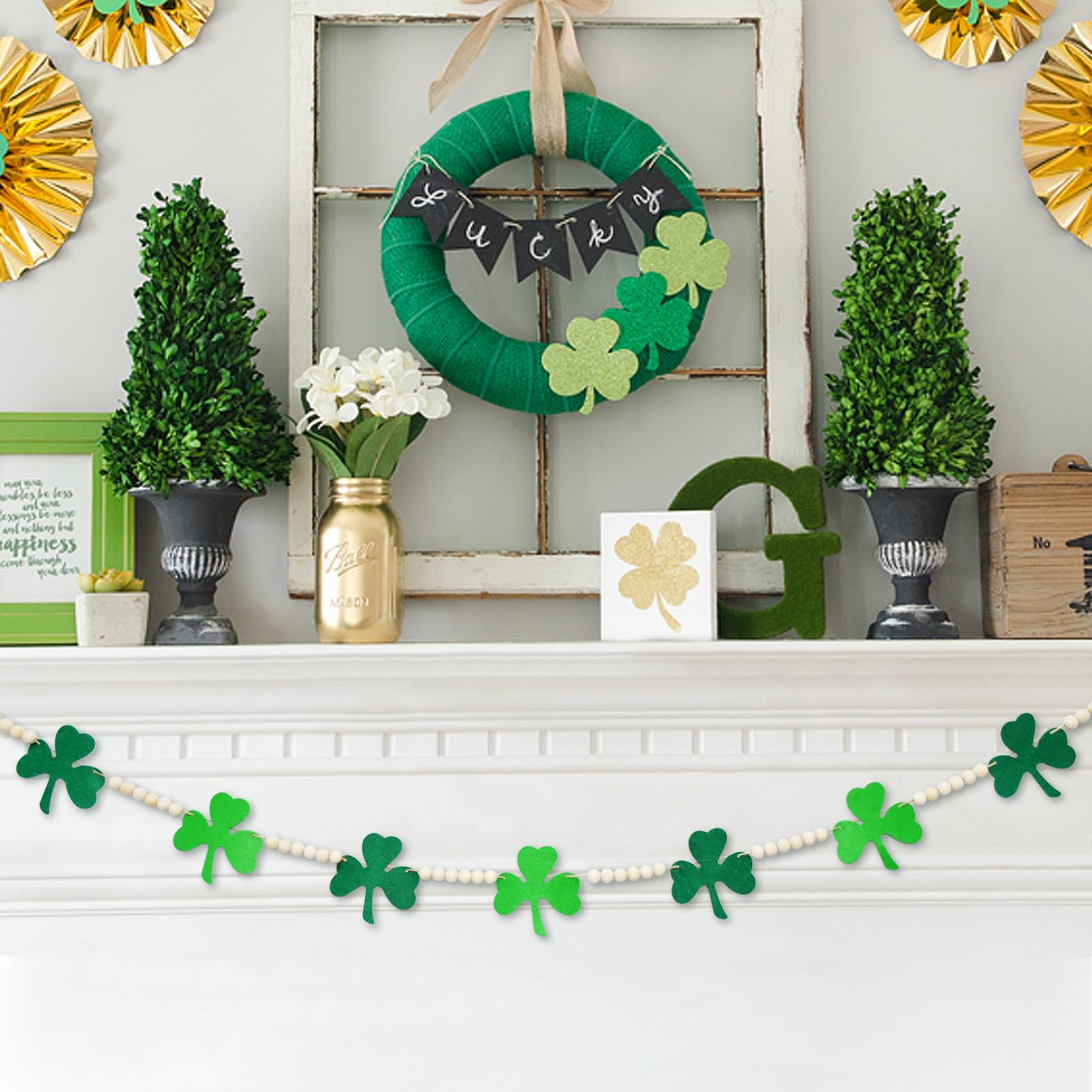 4.2 Ft St. Patrick'S Day Wooden Beads Garland With Clover Charms, Irish-Themed Shamrock Beaded Tiered Tray Decor, Rustic Farmhou