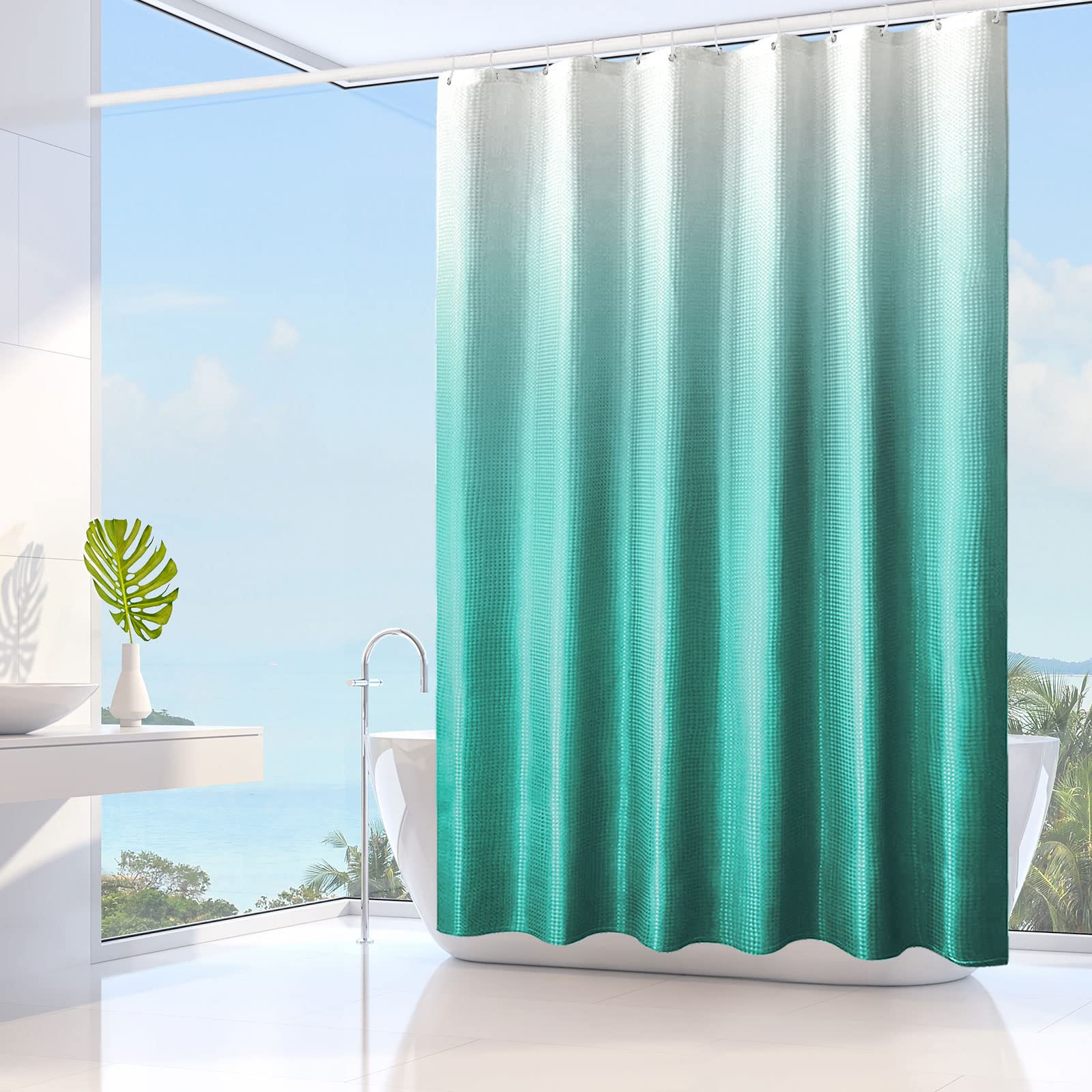 Gibelle Teal Shower Curtain For Bathroom, Waffle Weave Ombre Textured Fabric Shower Curtain Set With Hooks, Water Repellent And