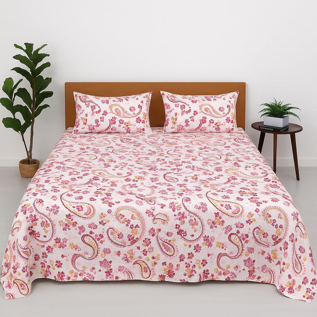 Bhoomi Impex King Bed Bedsheet With Pillow Covers -Soft & Breathable Fabric -Paisley Pink Printed Bedsheet For Bedroom Dcor