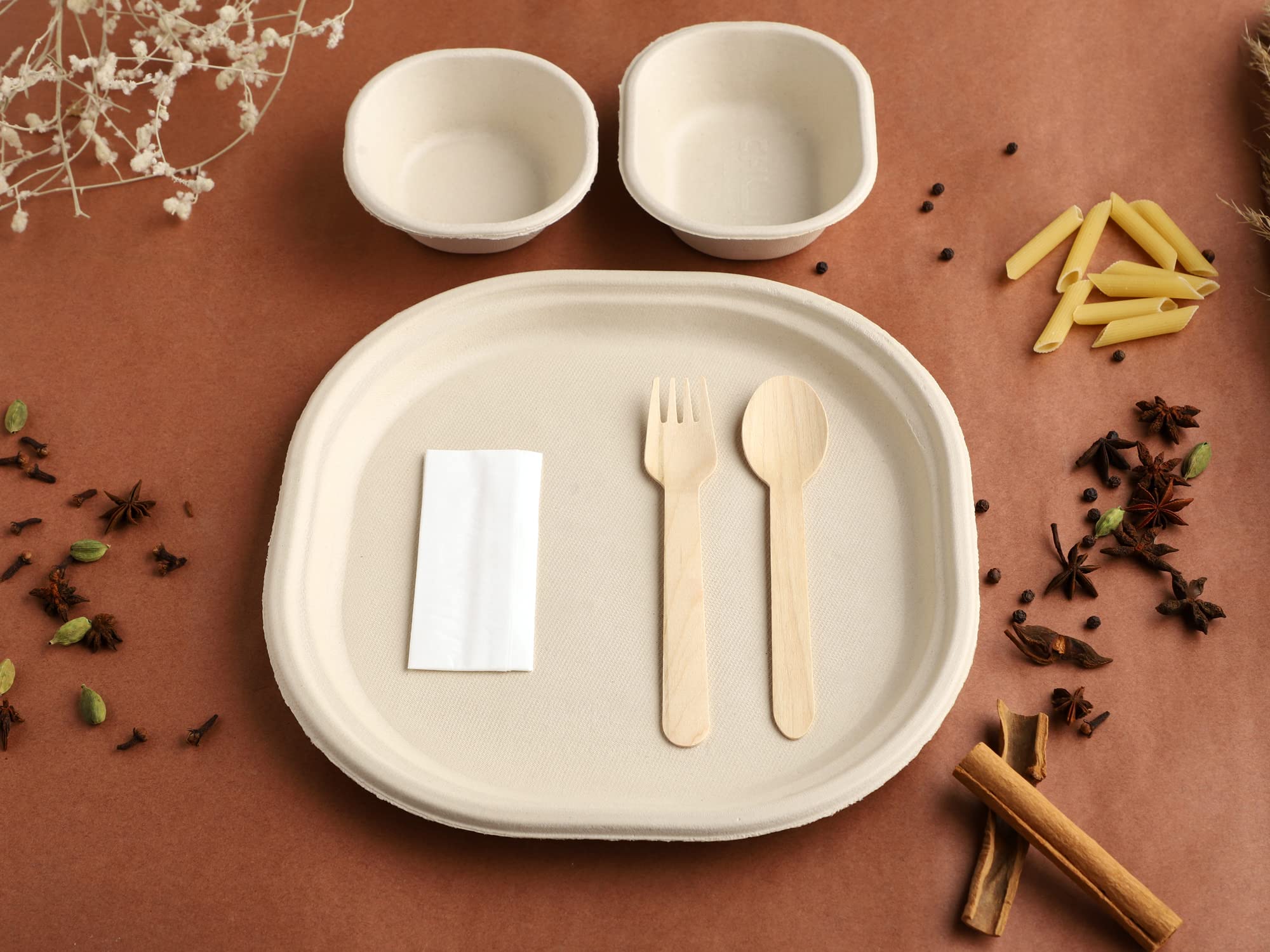 Vik Sugarcane Bagasse Disposable 10 Inch Plates (25), 180 Ml Bowls (25), 250 Ml Bowls (25), Spoons (25), Forks (25), Napkin (50)