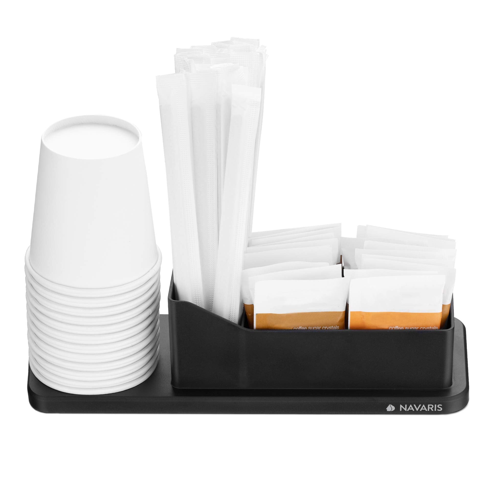 Navaris Small coffee Station Organizer - Tea and coffee condiment Supplies Holder with Stacking cup Storage - For Kitchen or Office Break Room - Black