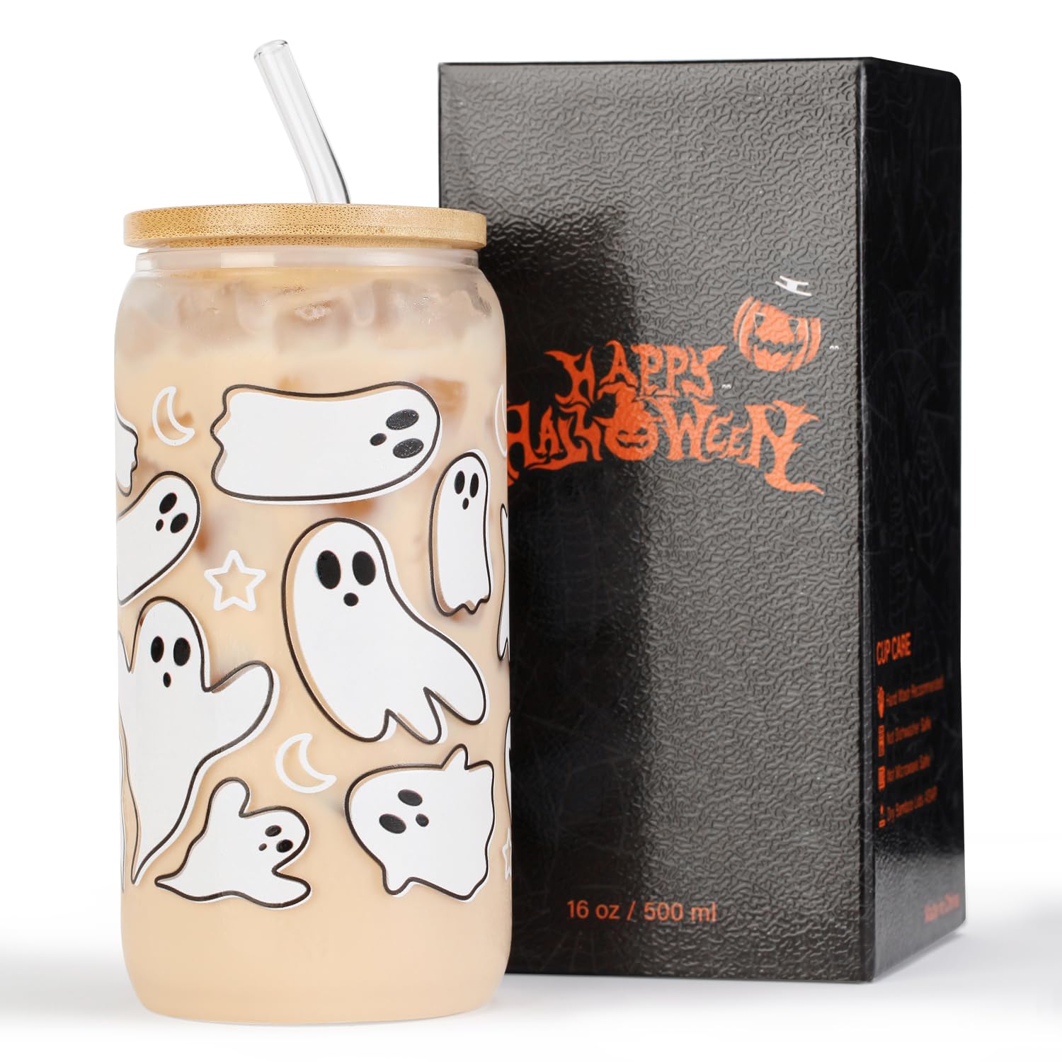 KMCCUMBER Halloween Ghost Fall Glass Cup with Lids and Straws, 16 oz Ghost Fall Mug, Iced Coffee Glass Tumbler, Spooky Glass Cup