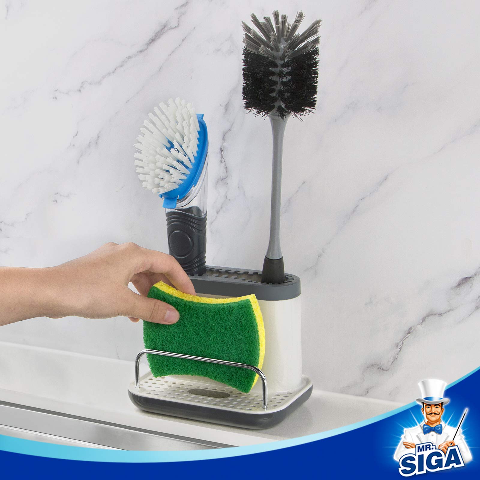 Mr.Siga Sink Caddy, Kitchen Sink Organizer Sponge Brush Holder With Drip Tray, White & Gray