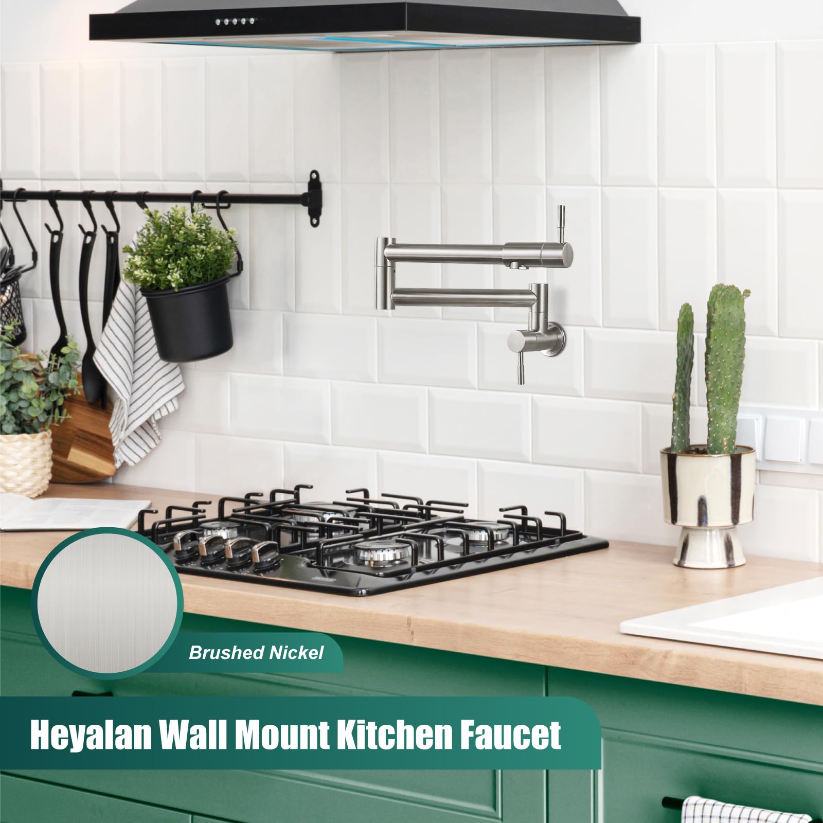 Heyalan 19'' Pot Filler Brushed Nickel Wall Mounted Folding Stretchable Kitchen Restaurant Faucet with Double Joint Swing Arm Single Hole Two Handles Commercial NPT Stainless Steel Stove Tap