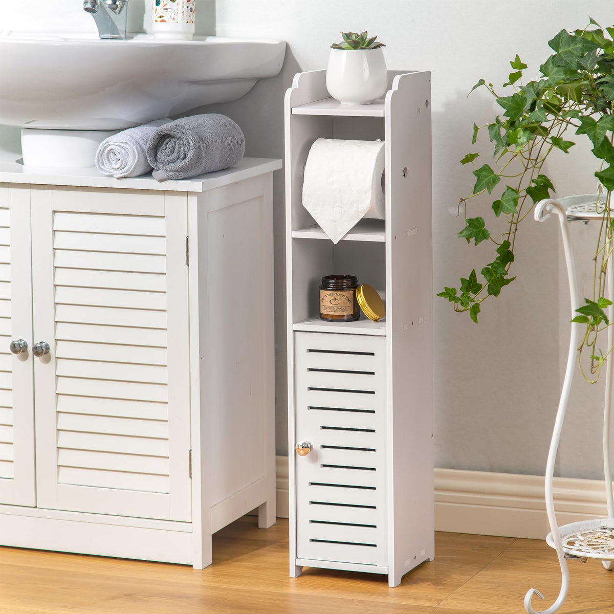 Toilet Paper Holder Stand, Storage Cabinet Beside Toilet For Small Space Bathroom With Toilet Roll Holder, White By Aojezor