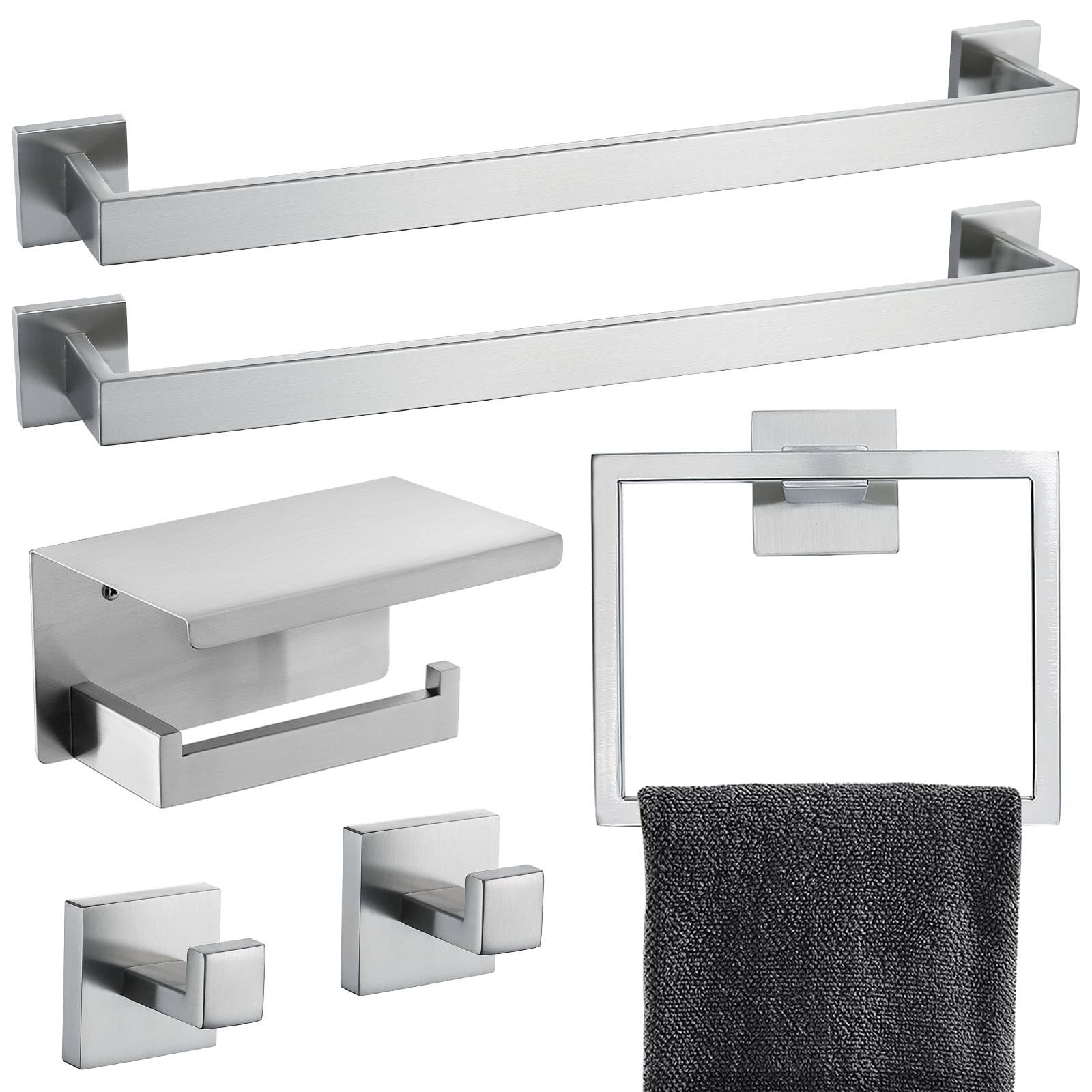 Brushed Nickel Bathroom Towel Bar Set Bathroom Accessories Hardware Set Including Double Towel Bar Towel Ring Coat Hook and Toil