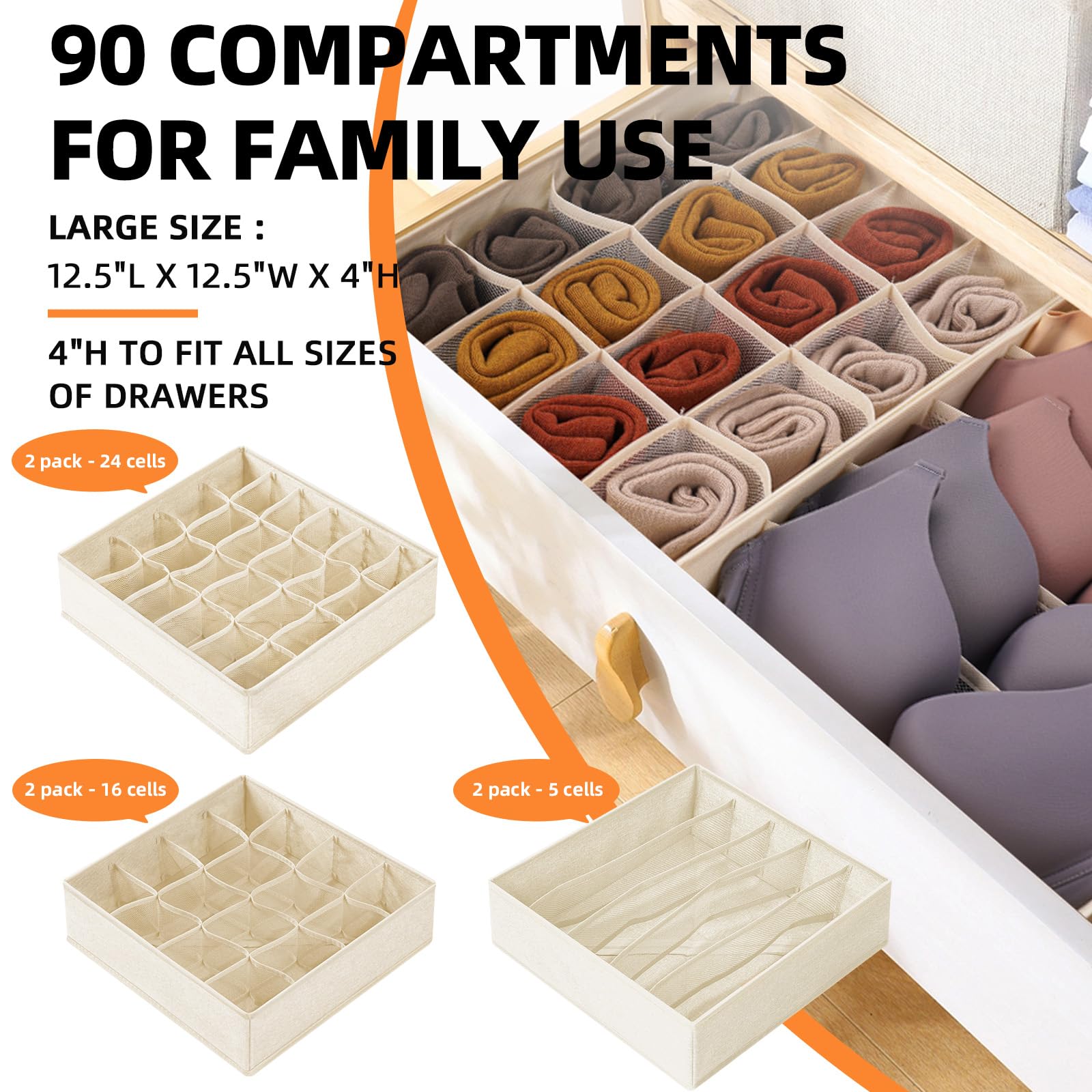 Criusia 6 Pcs Drawer Organizer Clothes - 90 Cells Closet Organizers and Storage for Baby Nursery - Washable Fabric Dresser Organ