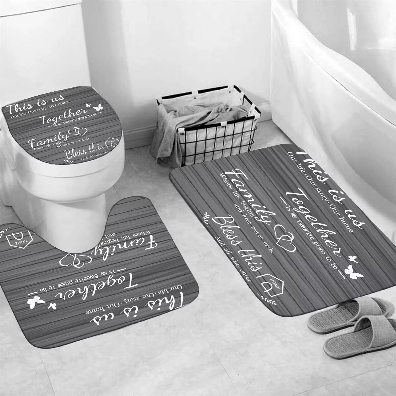 Azhm Family Shower Curtain Set Gray Home Bathroom Set With Shower Curtain And Rugs And Accessories Bathroom Decor Curtain With 1