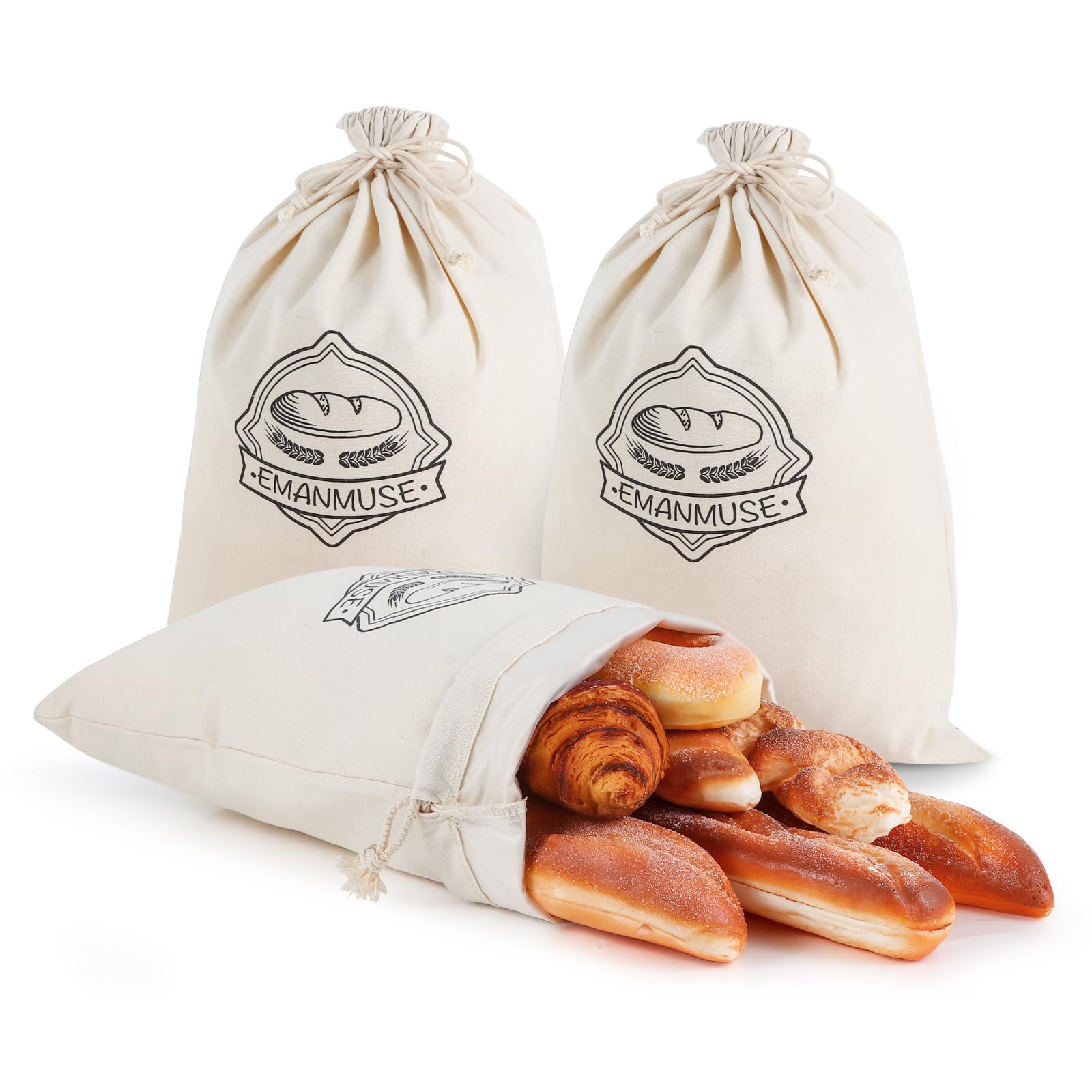 EmanMuse 3-Pack Linen Bread Bags for Homemade Bread & Sourdough, 12x17.5 Inch Unbleached with TPU Lining - Reusable Washable Eco