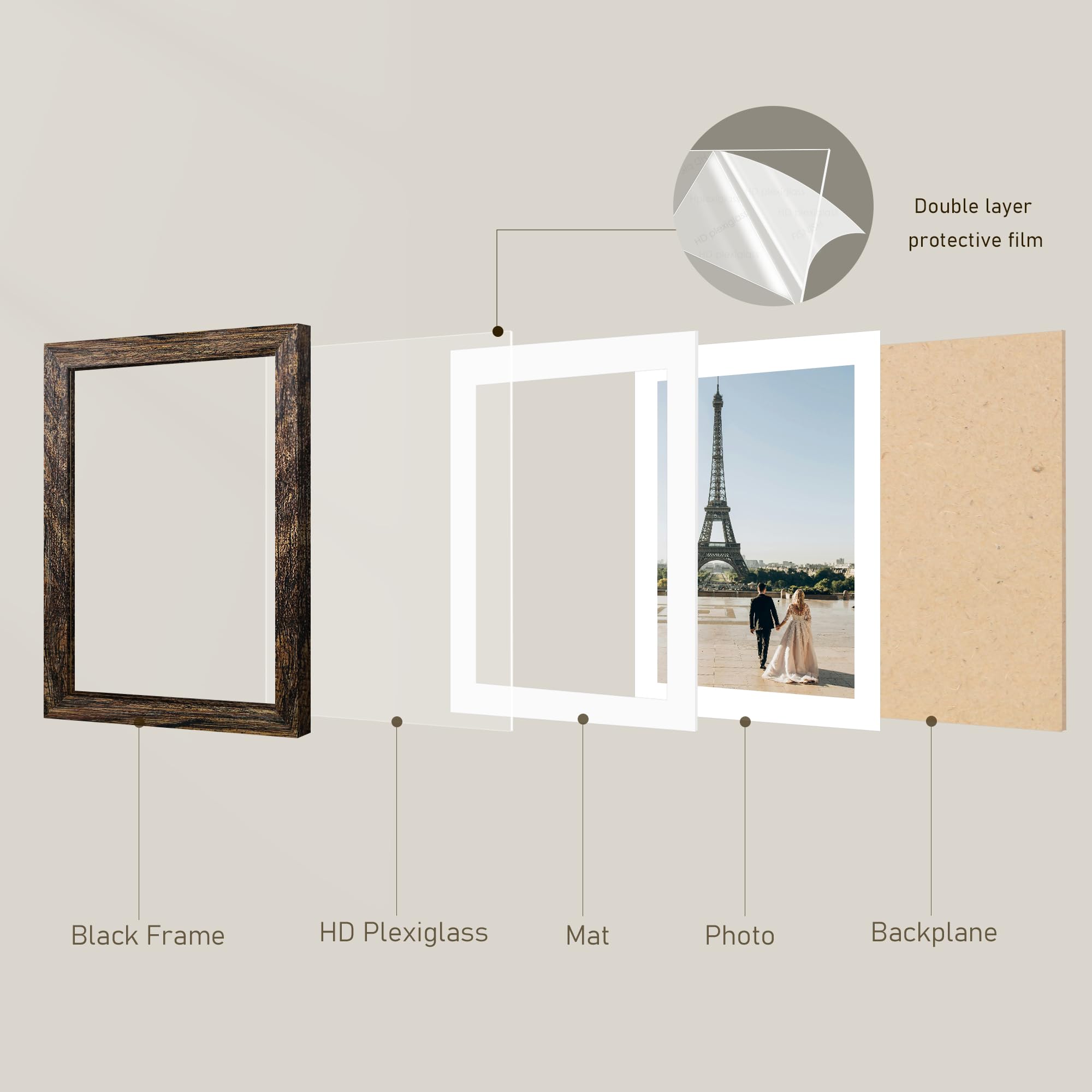 Fisnish 8x8 Picture Frame Sef of 10, Display Pictures 5x5 with Mat or 8 x 8 Without Mat, Brown Photo Frame Collage for Wall Gall