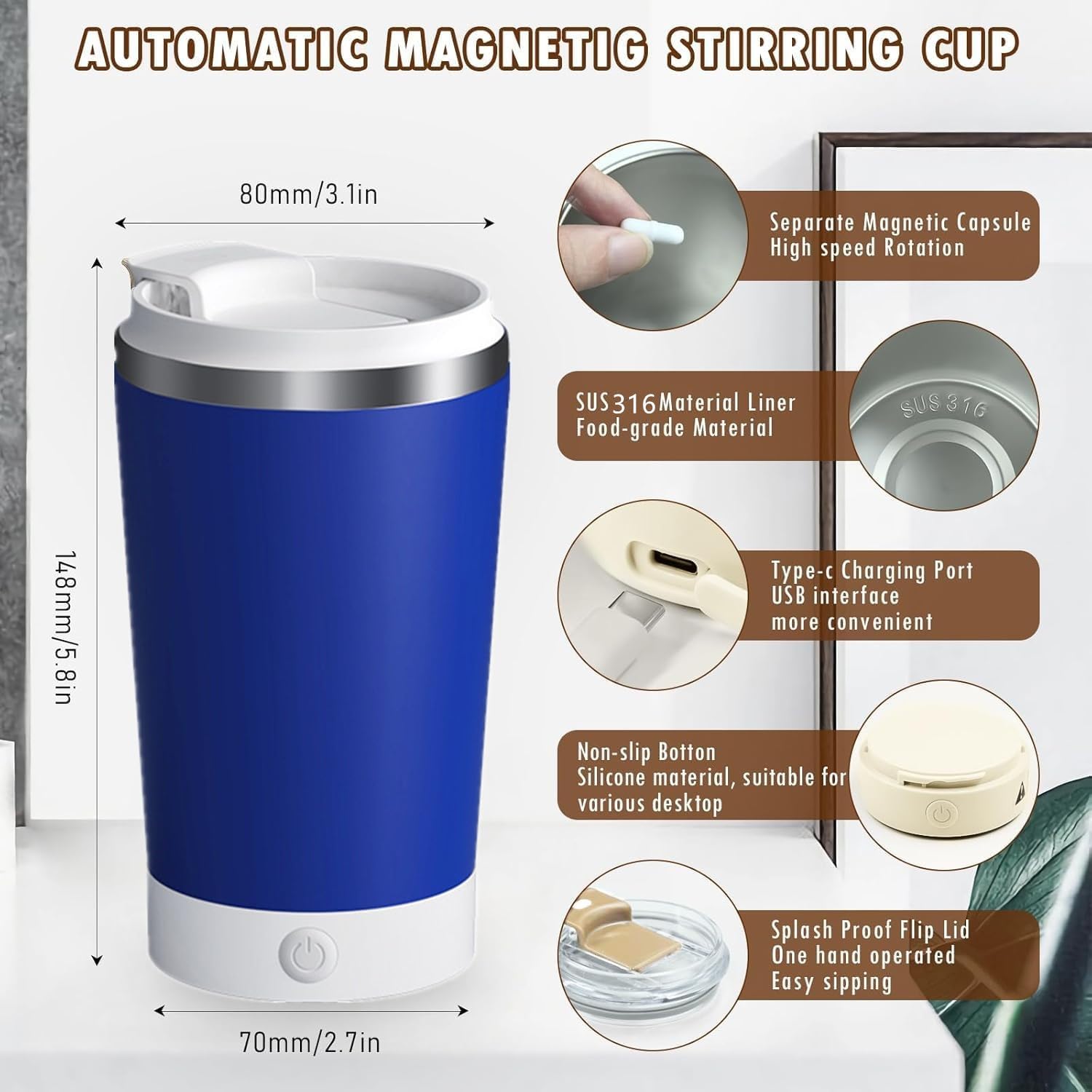 Self Stirring Mug With Lid 13.5 Oz Electric High Speed Mixing Cup 400Ml Rechargeable Automatic Stirring Coffee Mixer Cup(Color:B