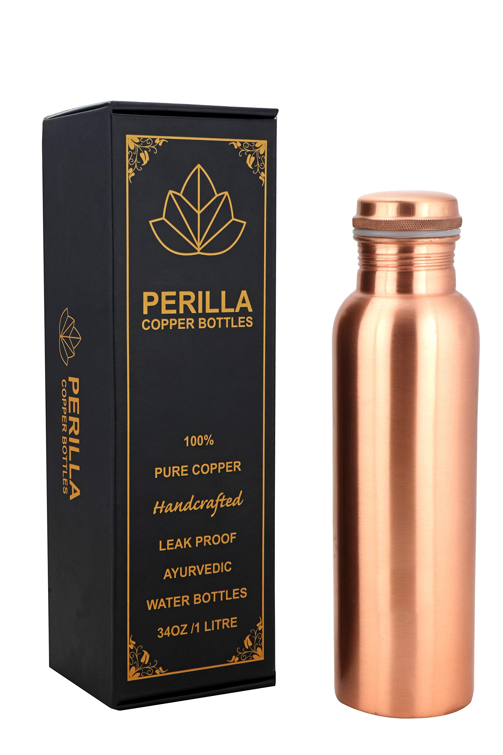 Perilla Home Plain Copper Water Bottle 34 Oz Leak Proof 100% Pure Ayurvedic Copper Vessel With Lid - Drink More Water And Enjoy