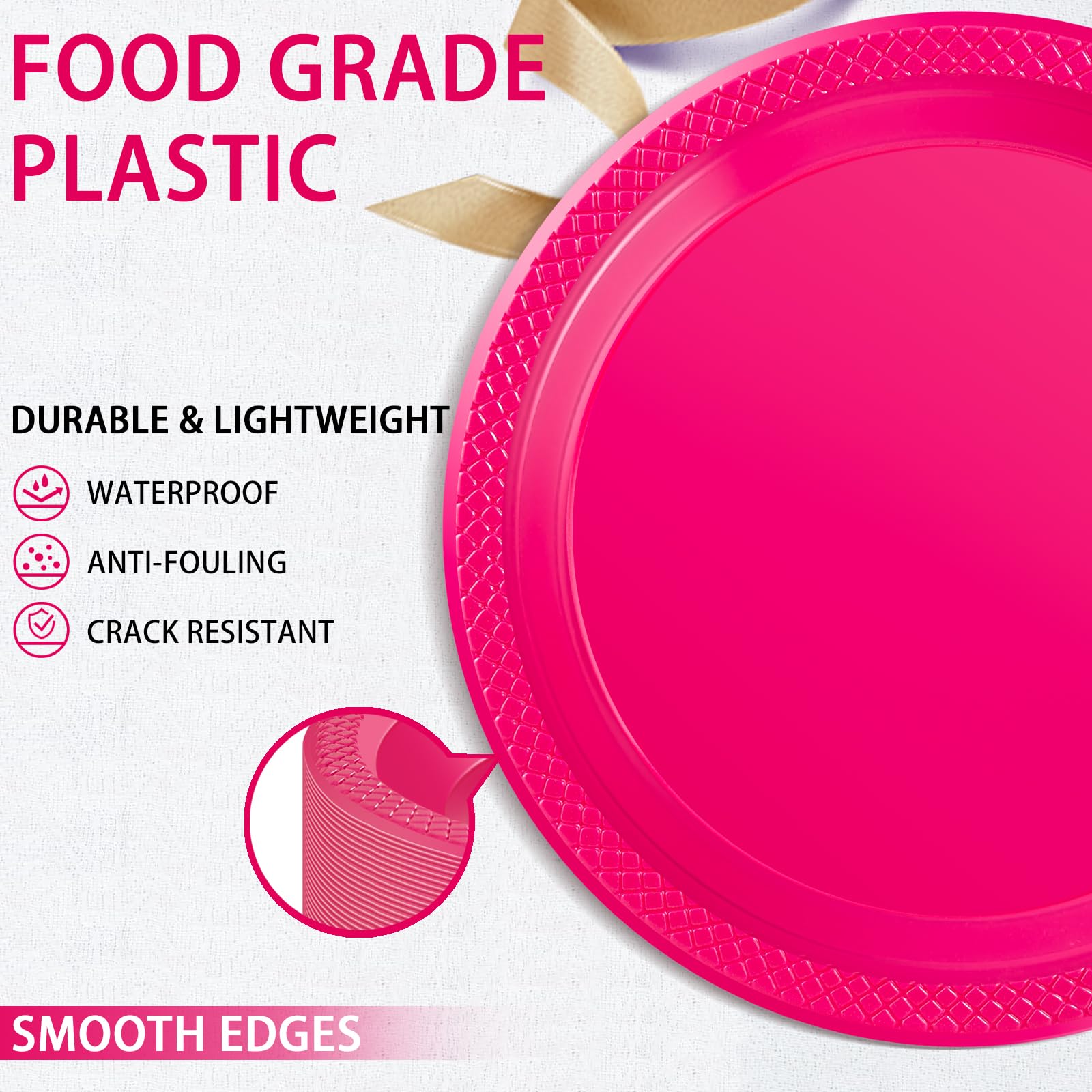 Wellife Hot Pink Party Plates 7 Inch -150 Count, Plastic Disposable Dessert Plates For Party Valentine'S Day Cake Appetizers Sal