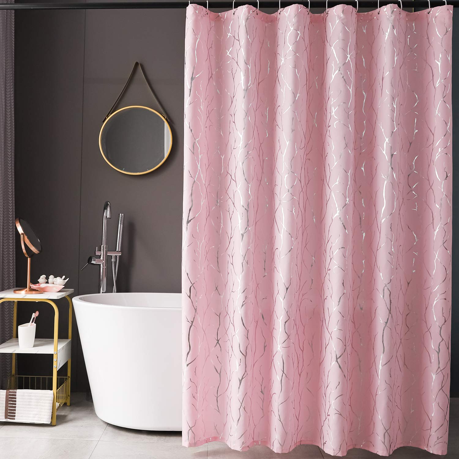 Finecity Pink Artistic Shower Curtain Set - Metallic Silver Foil Tree Branch Pattern Print Grommet Shower Curtain With 12 Hooks