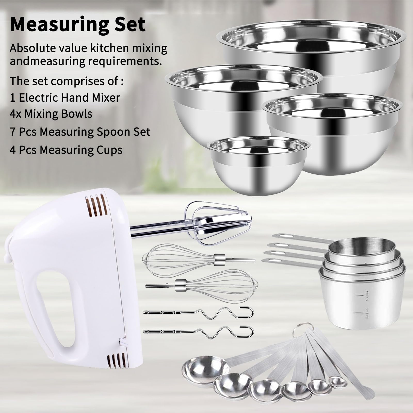 Wepsen Hand Mixer Electric Mixing Bowls Set, 5 Speeds Handheld Mixer With 4 Nesting Stainless Steel Mixing Bowl, Measuring Cups
