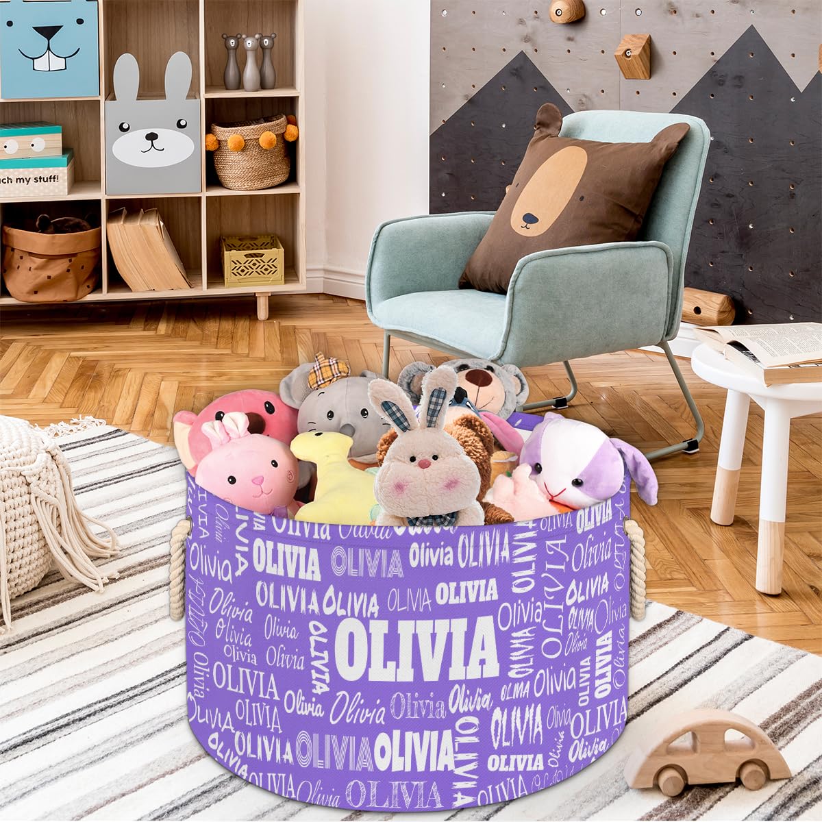 Personalized Round Laundry Hamper With Name For Women, Medium Purple Custom Nursery Baskets Cubes, Storage Dirty Clothes Laundry