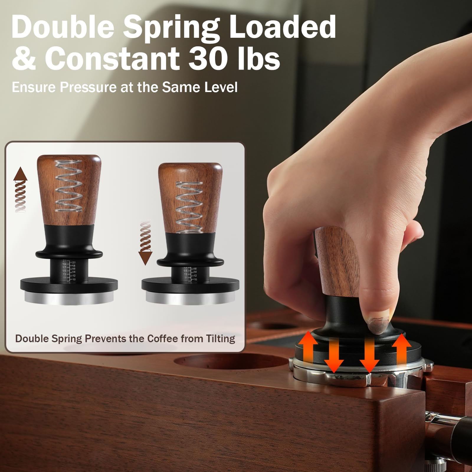 Pusee 58Mm Espresso Tamper, Calibrated Tamper With 30Lbs Double Spring Loaded Tamper Walnut Wood Coffee Tamper For Barista Home,