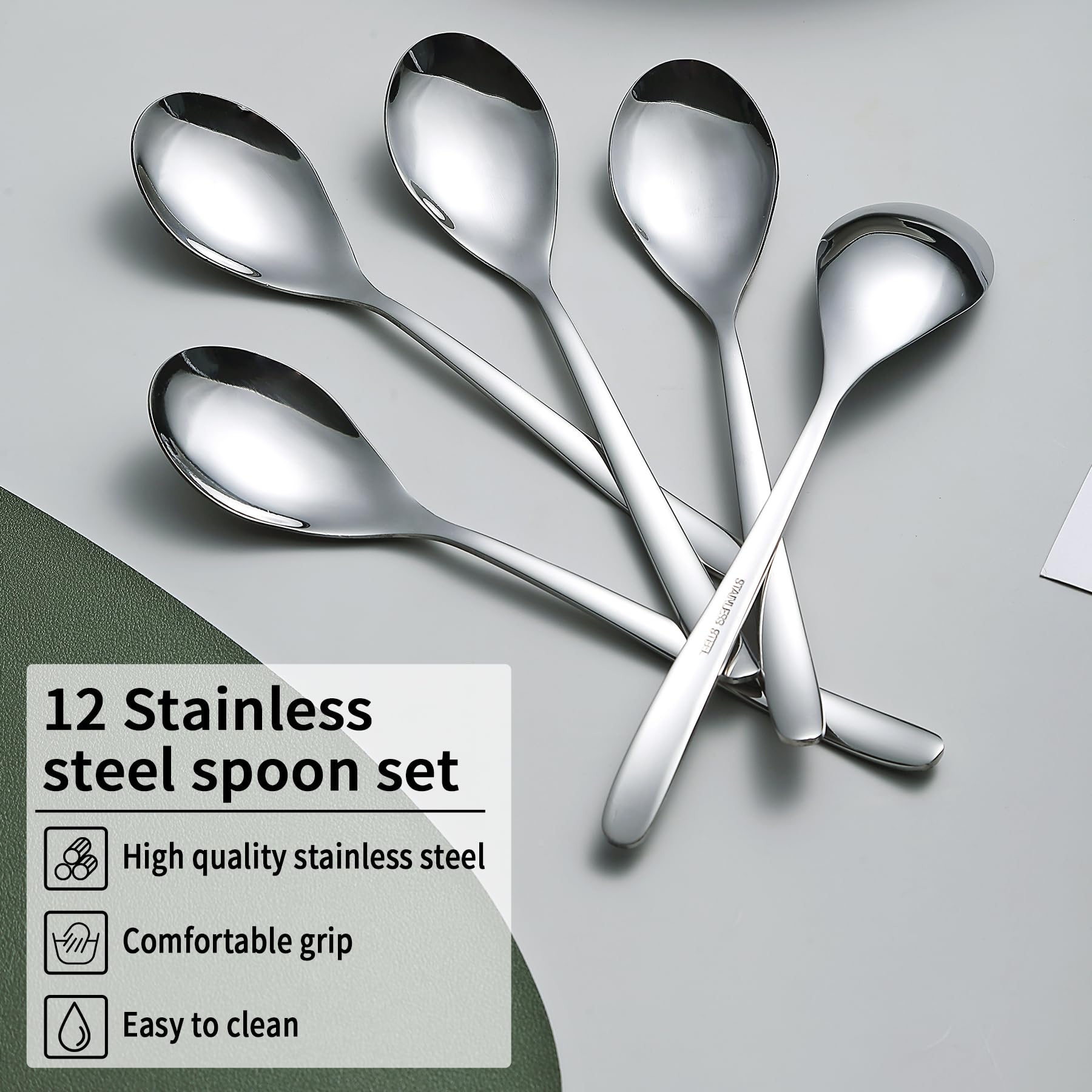 Kyraton Dinner Spoons Set Of 12 Pieces, 8'' Stainless Steel Table Spoons, Soup Spoons, Spoons Silverware Set, Dishwasher Safe