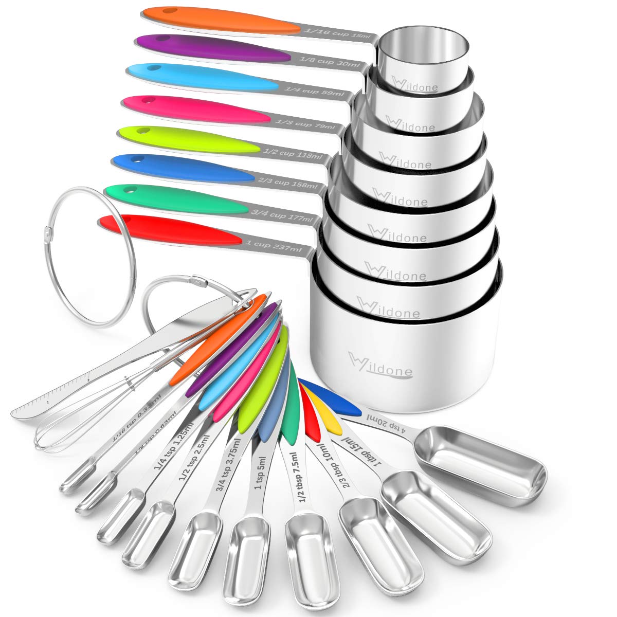 Measuring Cups And Spoons - Wildone Stainless Steel 20 Piece Stackable Set, Includes 8 Measuring Cups, 10 Measuring Spoons, 1 Le