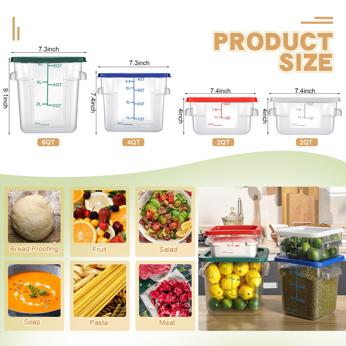 Huwena 4 Pcs Commercial Food Storage Container With Lid Clear Square C ...