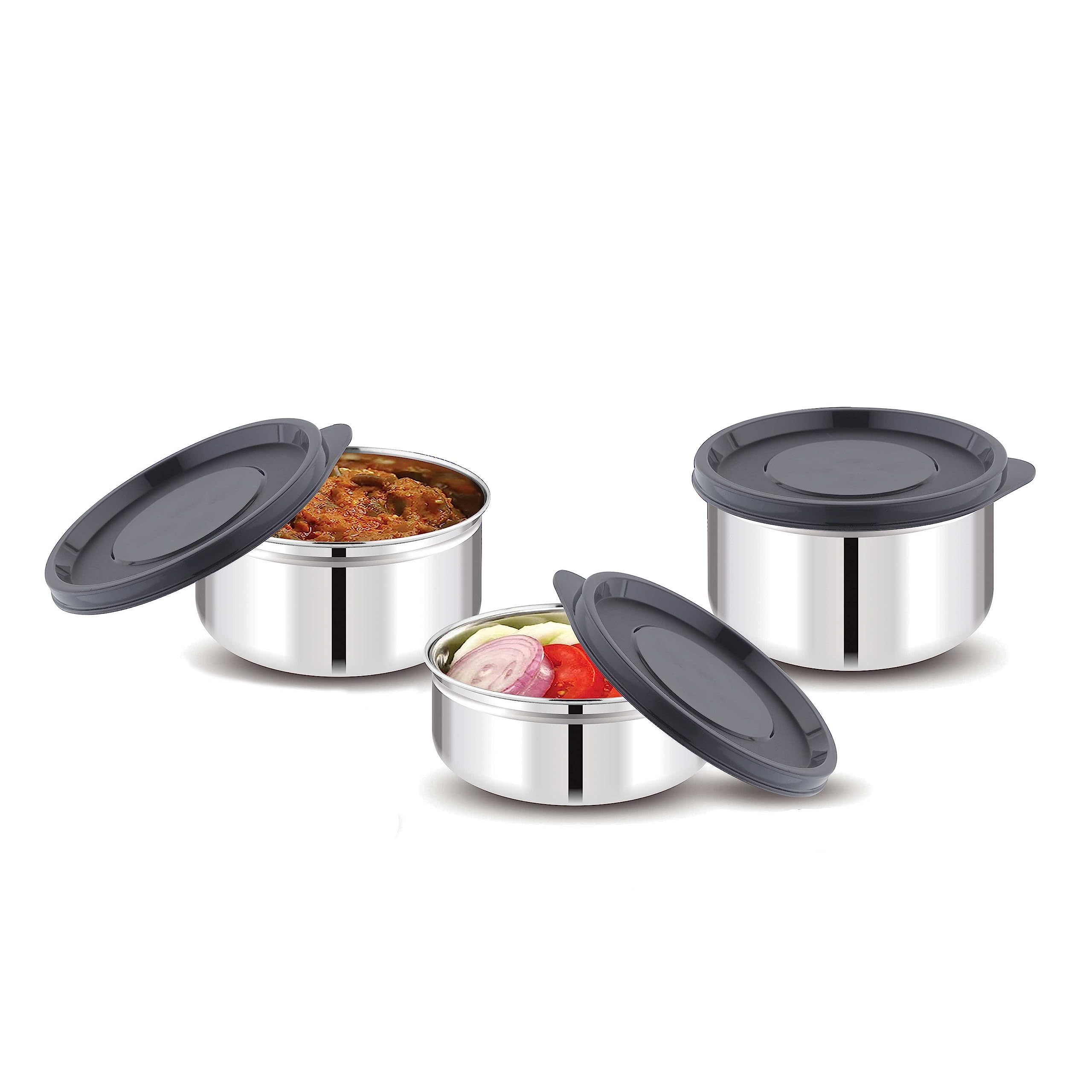 Attro Set Of 3 Prime Stainless Steel Single Wall Storage Containers Airtight & Leak Proof Containers For Office Use, School, Pic