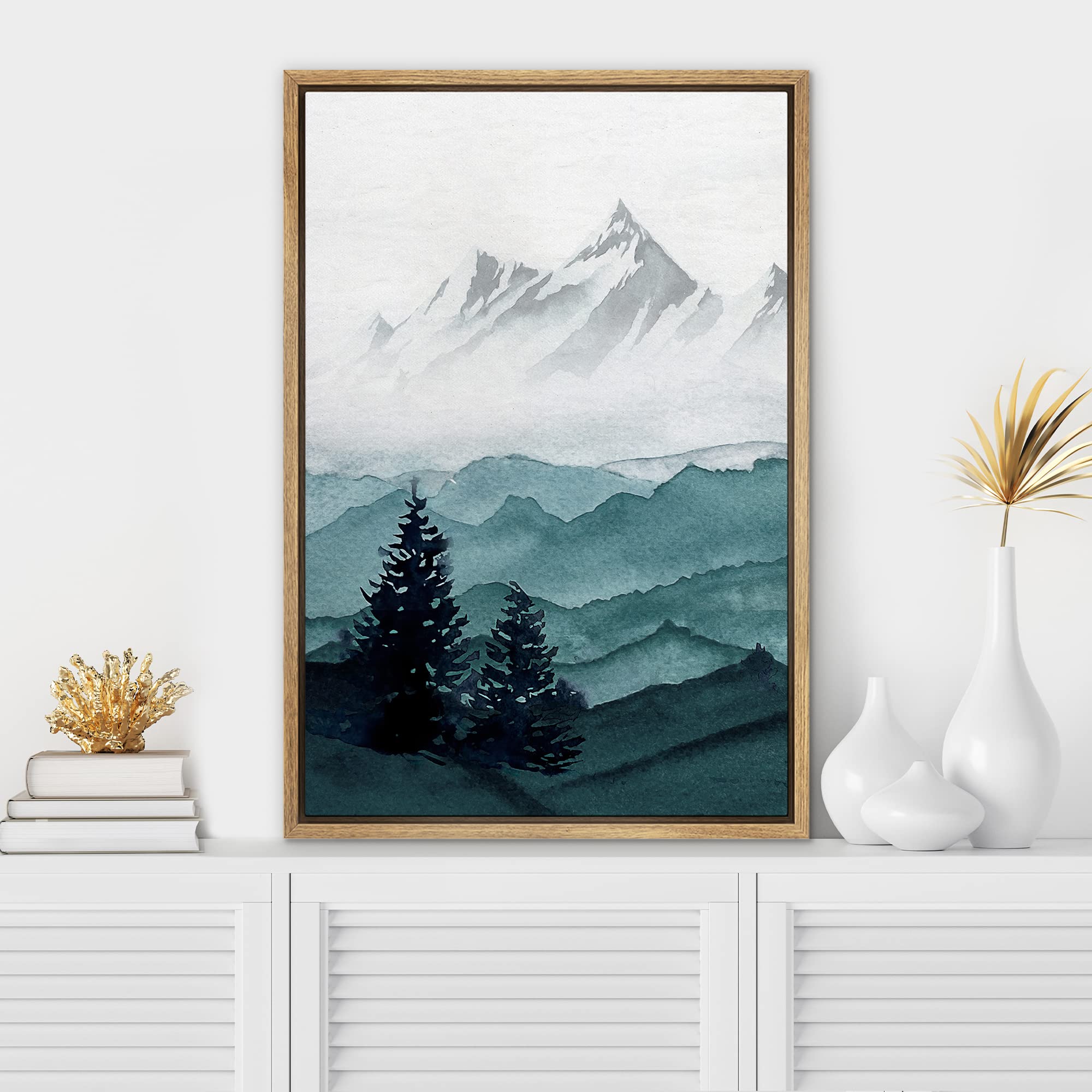 Signwin Framed Canvas Print Wall Art Woodland Nursery Decor Foggy Winter Pastel Mountain Forest Nature Modern Art Decorative Lan