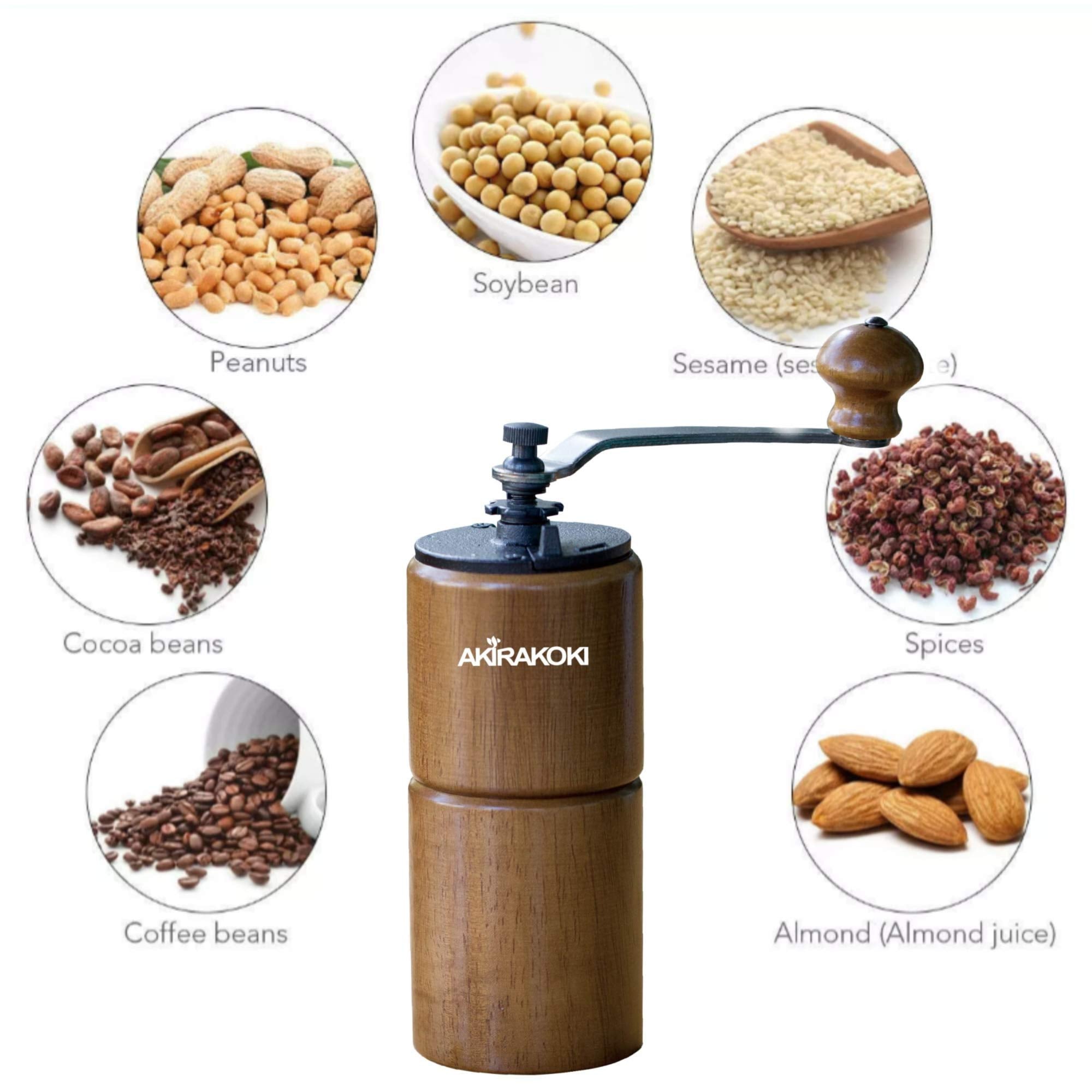 Fumao Akirakoki Manual Coffee Grinder - Wooden Mill with Cast Iron Burr, Portable Adjustable, Large Capacity, Brown