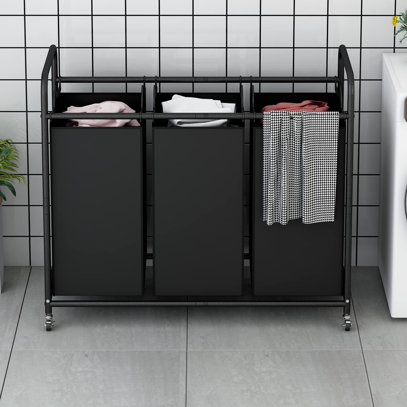 Linzinar 3-Bag Laundry Basket Hamper Laundry Sorter Cart Laundry Room Organization With Heavy Duty Rolling Lockable Wheels And R