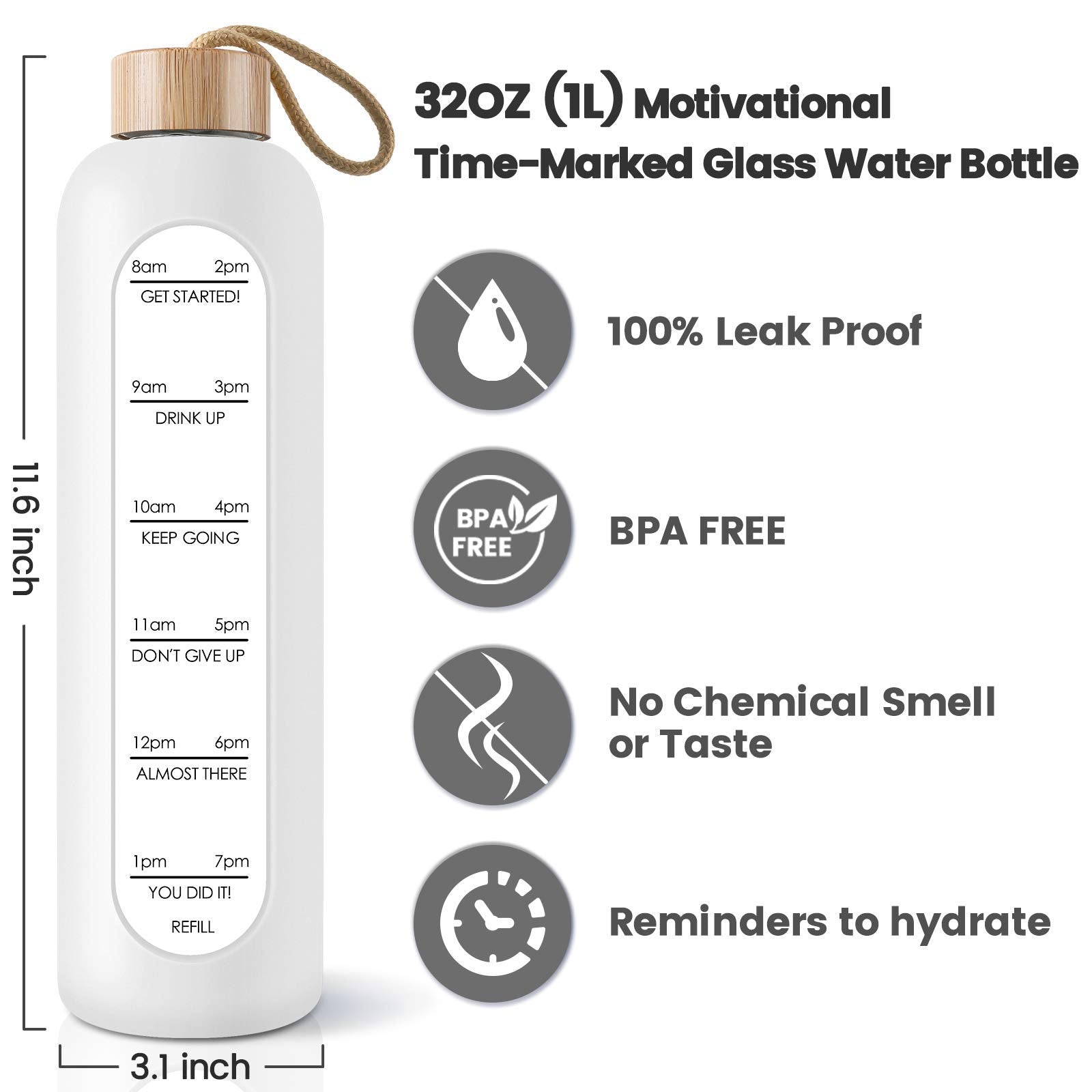 Probttl 32 Oz Borosilicate Glass Water Bottle With Time Marker Reminder Quotes, 1 Liter Leak Proof Reusable Bpa Free Motivationa