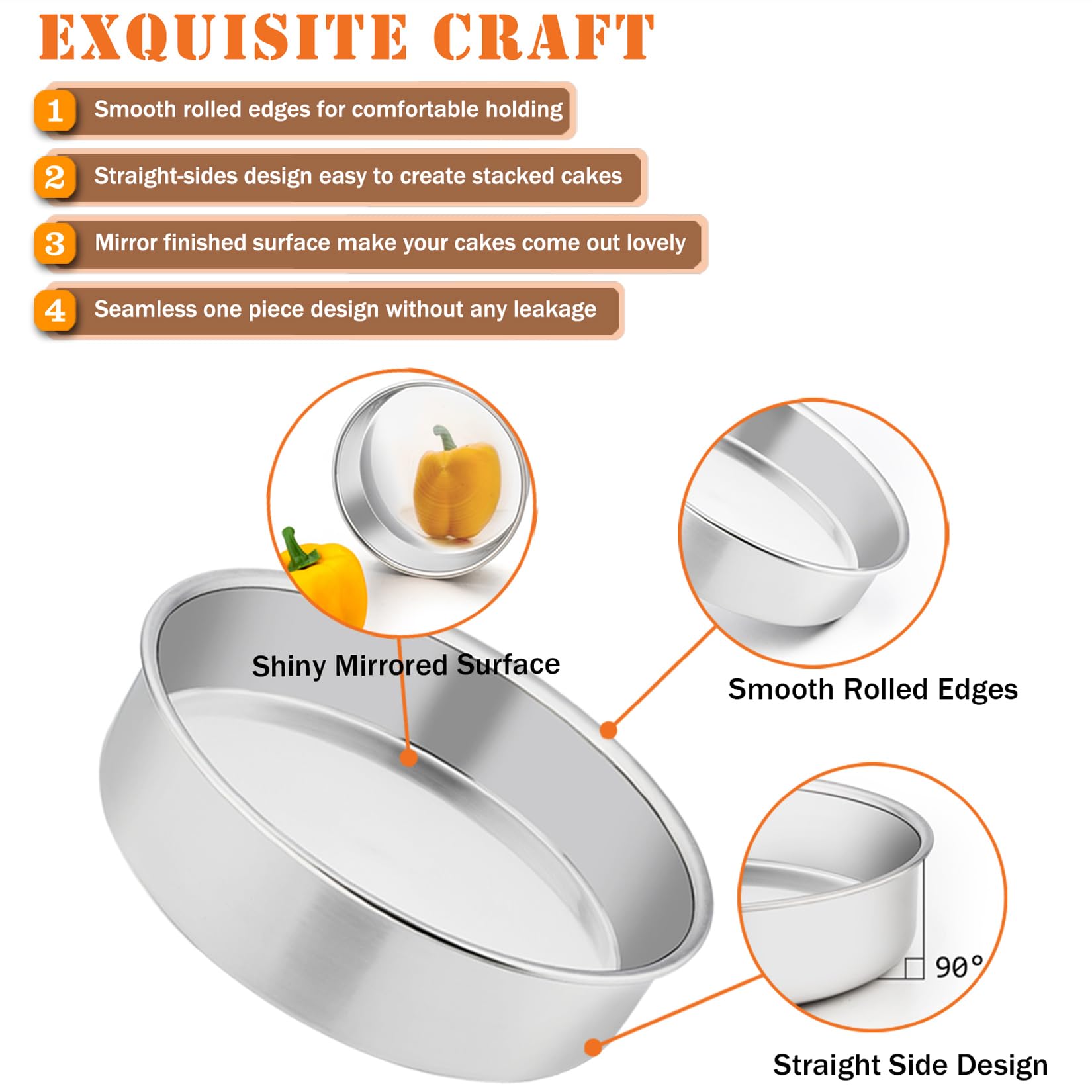 8 Inch Cake Pan Set, 3 Pcs P&P Chef Round Baking Pans Stainless Steel Layer Birthday Wedding Cake Pans, Fit Oven/Pots/Pressure C