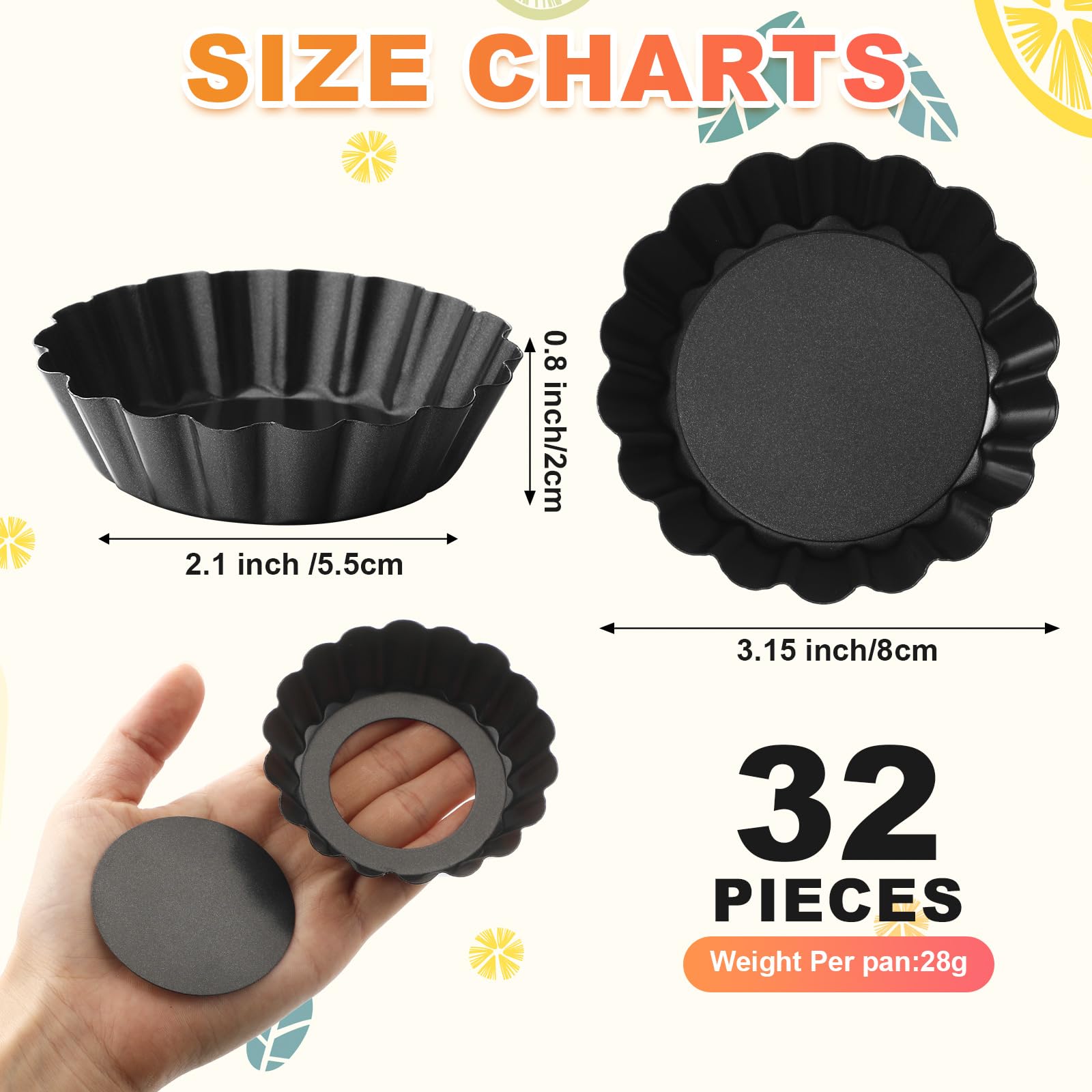 Gejoy 32 Pcs Egg Tart Molds 3'' Mini Tart Pan Mini Pie Pans With Removable Bottom Carbon Steel Reusable Quiche Bakeware Cupcake