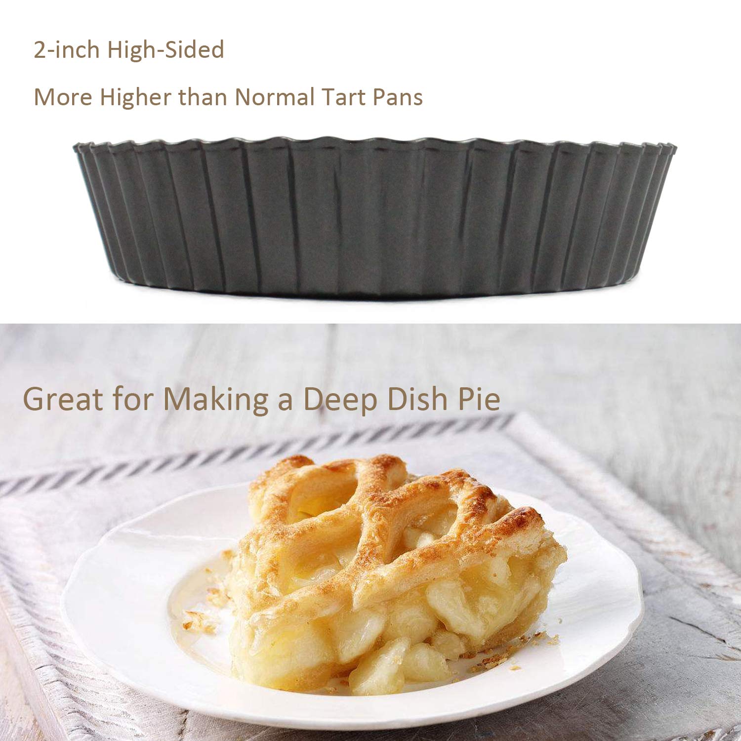 2 Pack(9.5 Inch) Round High-Sided Tart Pan With Removable Loose Bottom, Deep-Dish Pie Non-Stick Carbon Steel Quiche Pan