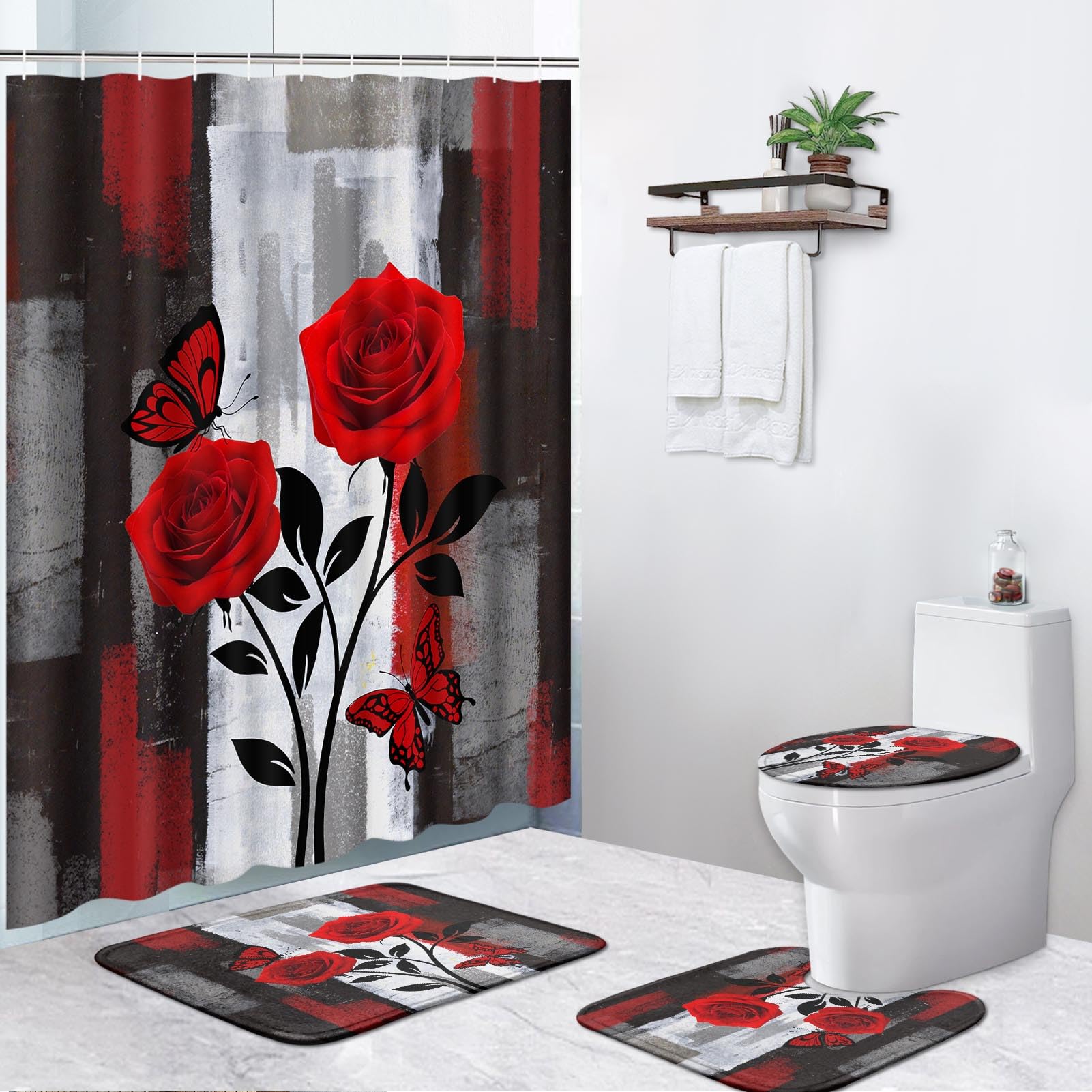 Pamnest 4 Pcs Shower Curtain Sets, Red Rose Flower Summer Grey Abstract Waterproof Bathroom Sets With Non-Slip Rugs, Toilet Lid
