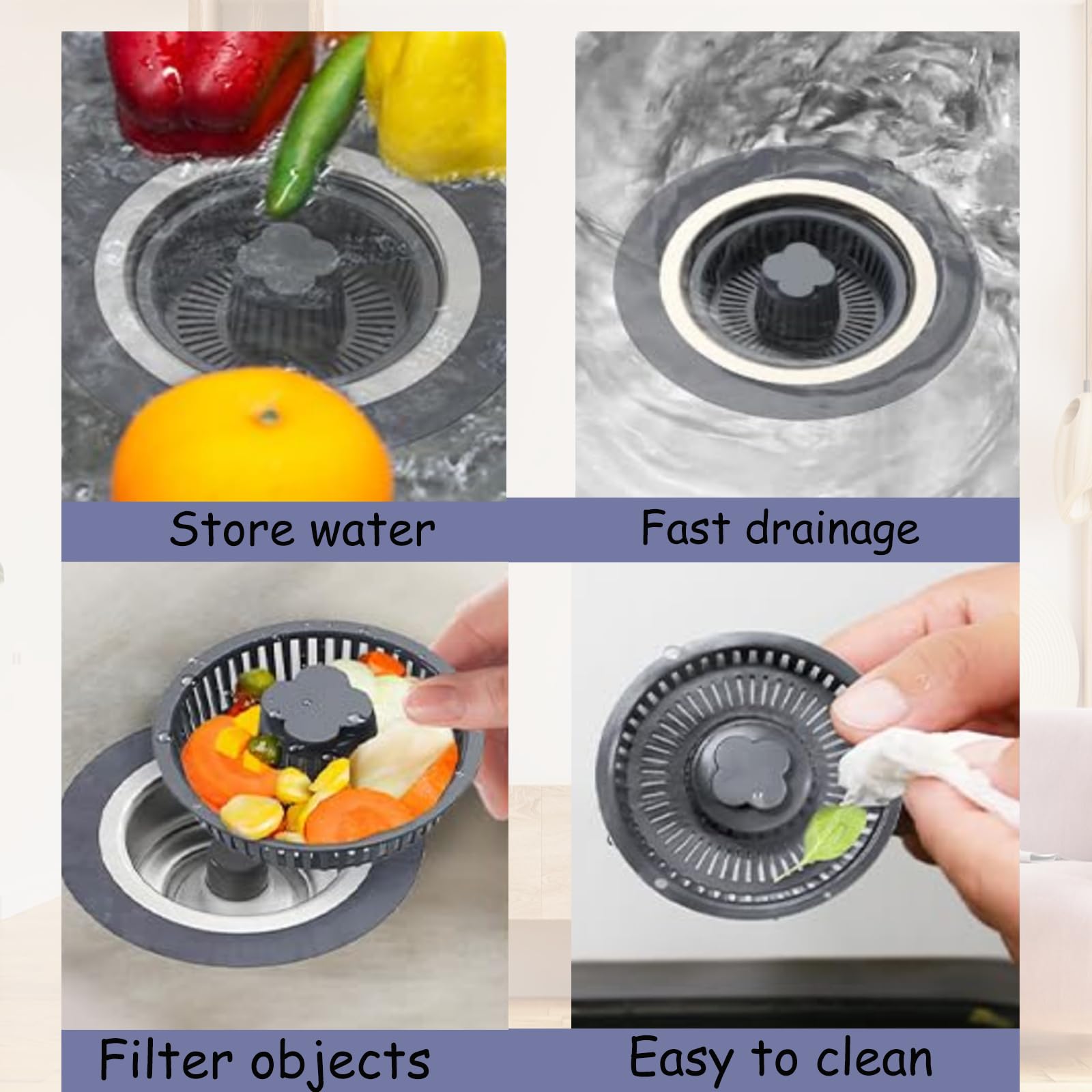 2024 New Upgraded 3 In 1 Kitchen Sink Drain Strainer And Stopper, Stainless Steel Sink Bounce Core Drain Strainer, Pop Up Anti-C