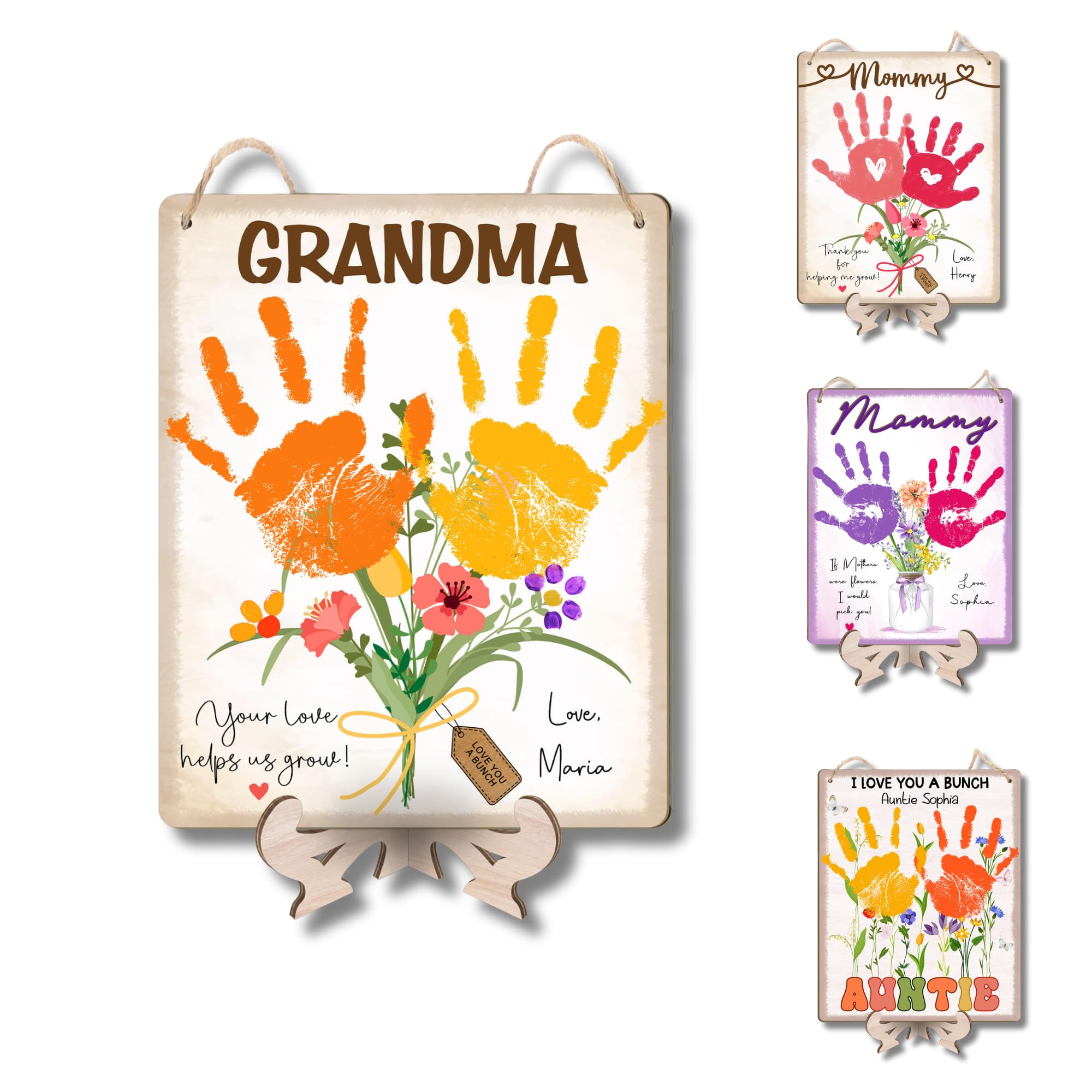 Custom DIY Baby Handprint Flowers Wooden Hanging Sign, Personalized Flowers for Grandma with Kids Handprint, Babys First Mother