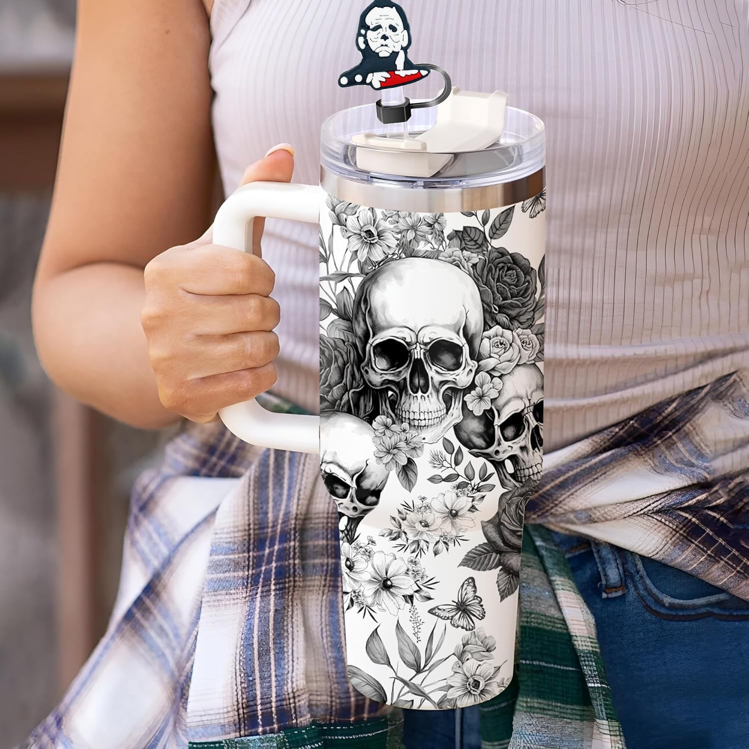 12PCS Halloween Straw Toppers for Stanley Cups,10mm 0.4in Silicone Reusable Horror Movie Straw Covers Cap Compatible with 30&40o