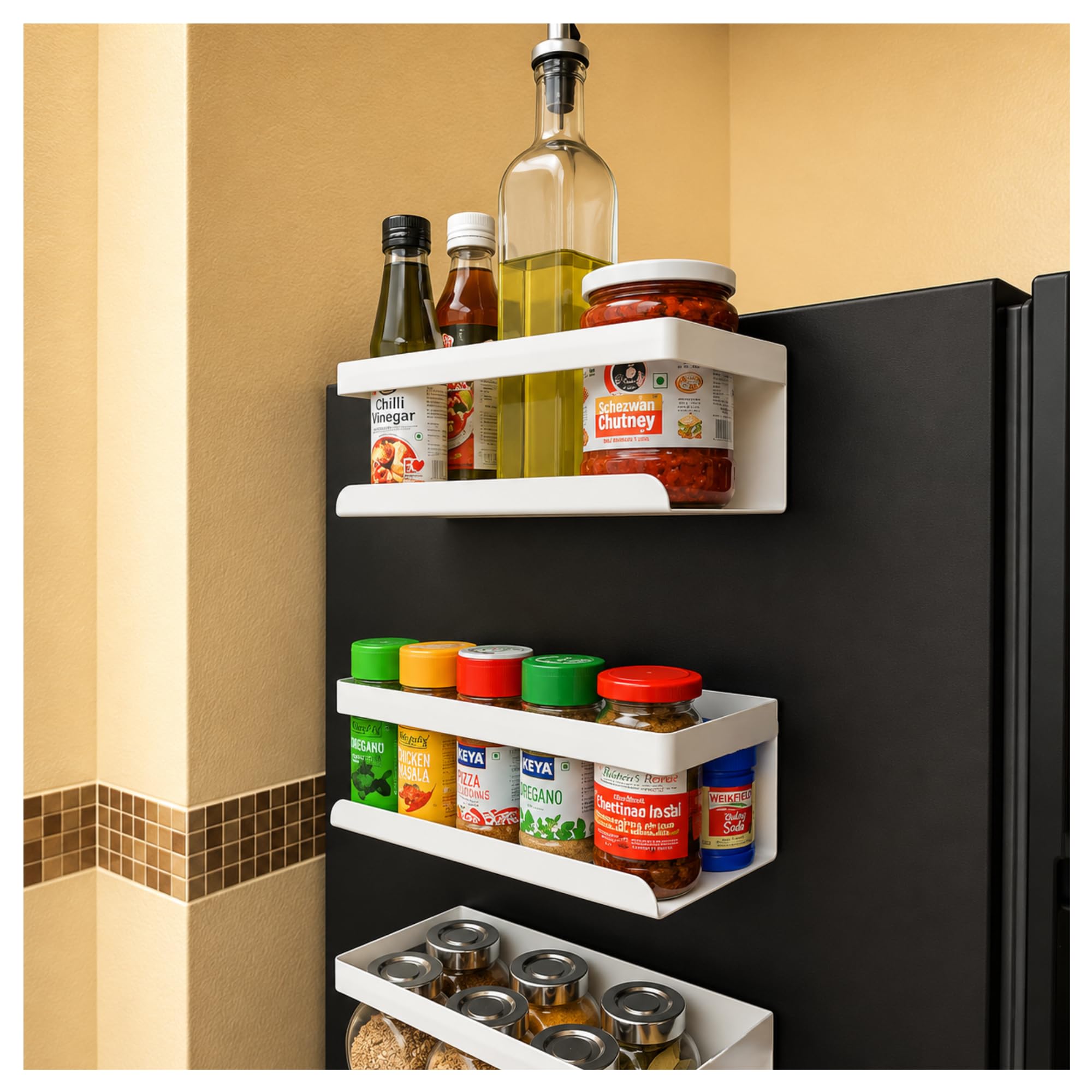 Ohumlabs Magnetic Carbon Steel Floating Rack Kitchen Accessories, Decorate Your Fridge, Washing Machine & Oven With Magnetic Sid